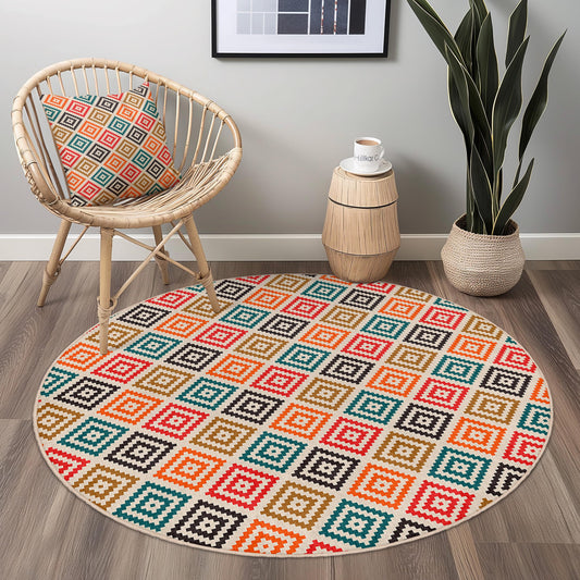 Colorful Geometric Round Rug, Bohemian Style Area Rug, Modern Home Decor, Soft Round Carpet for Living Room, Bedroom, or Office
