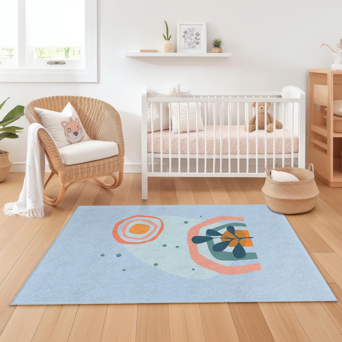 Rechteckiger Kinderzimmerteppich mit abstraktem Regenbogenmuster, farbenfroher Teppich fürs Kinderzimmer, moderne Kinderzimmerdekoration, gemütliche Spielmatte