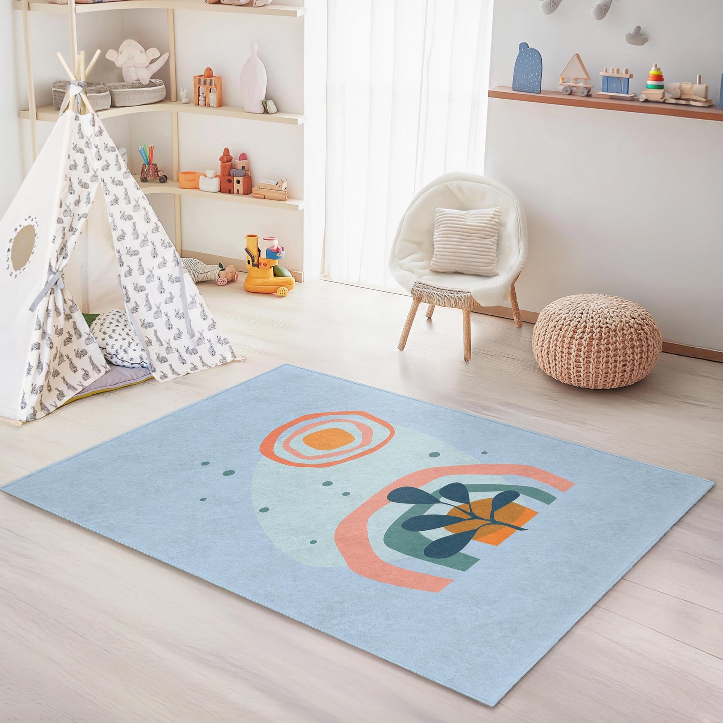 Rechteckiger Kinderzimmerteppich mit abstraktem Regenbogenmuster, farbenfroher Teppich fürs Kinderzimmer, moderne Kinderzimmerdekoration, gemütliche Spielmatte
