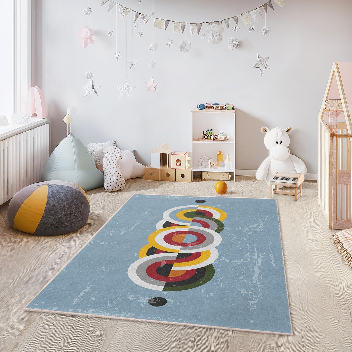 Bunter, geometrischer, runder Teppich, moderner Kinderzimmerteppich, rechteckige Spielmatte, Kinderzimmerdekoration, farbenfroher Kinderteppich