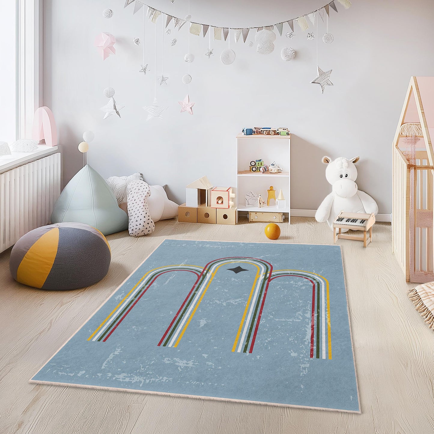 Bunter rechteckiger Kinderteppich mit Bogenmuster, Spielzimmerteppich, weicher Kinderzimmerteppich, Kinderzimmerdekoration, lustiger geometrischer Teppich