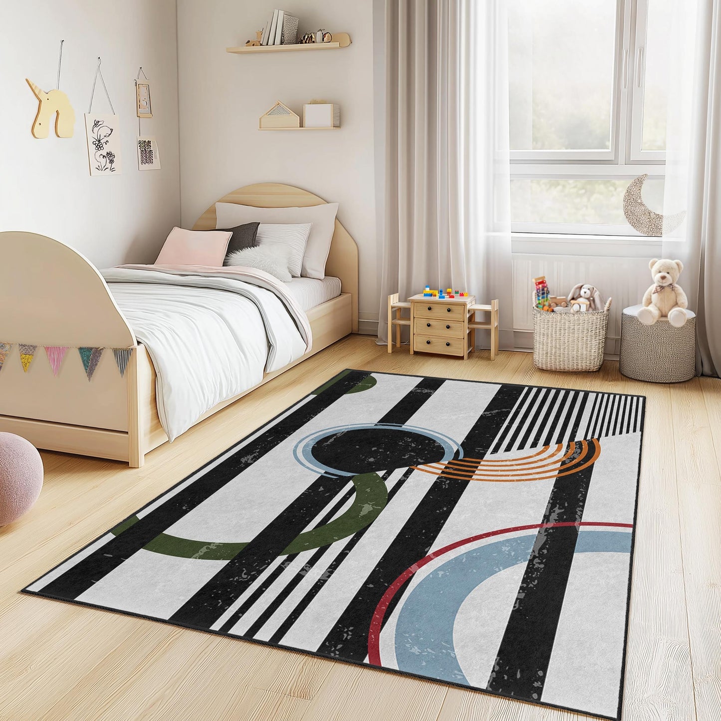 Rechteckiger Kinderteppich mit geometrischem Muster, moderner Streifenteppich, farbenfroher Spielzimmerteppich, einzigartige Kinderzimmerdekoration