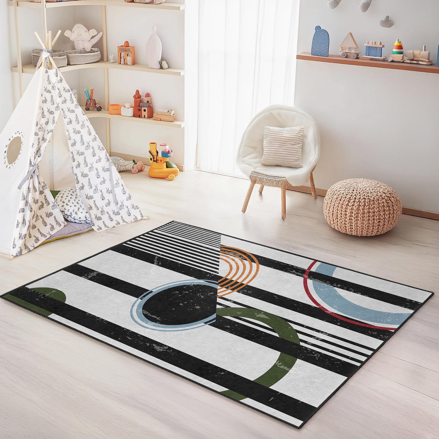 Rechteckiger Kinderteppich mit geometrischem Muster, moderner Streifenteppich, farbenfroher Spielzimmerteppich, einzigartige Kinderzimmerdekoration