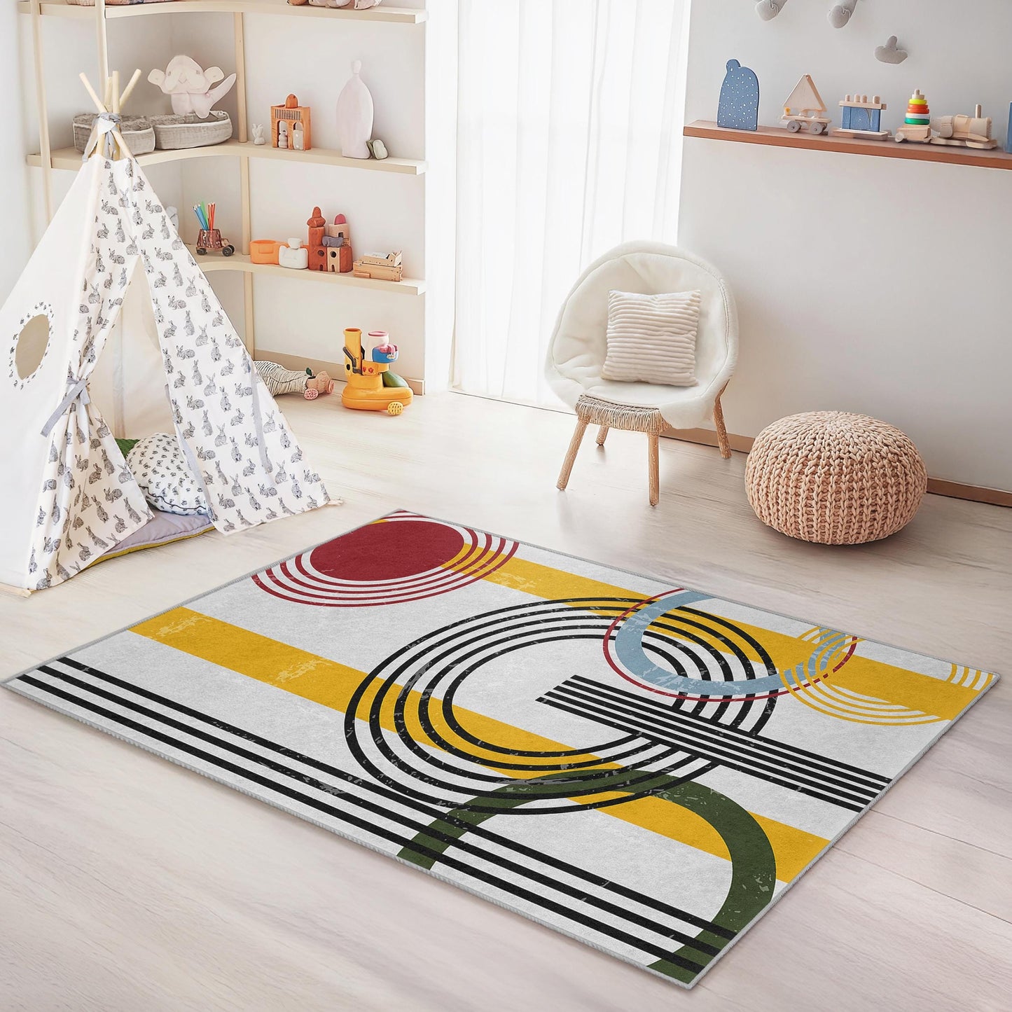 Kinderteppich mit geometrischem Kreismuster, farbenfrohe rechteckige Spielmatte, moderne Kinderzimmerdekoration, Spielzimmerteppich, Teppich fürs Kinderzimmer