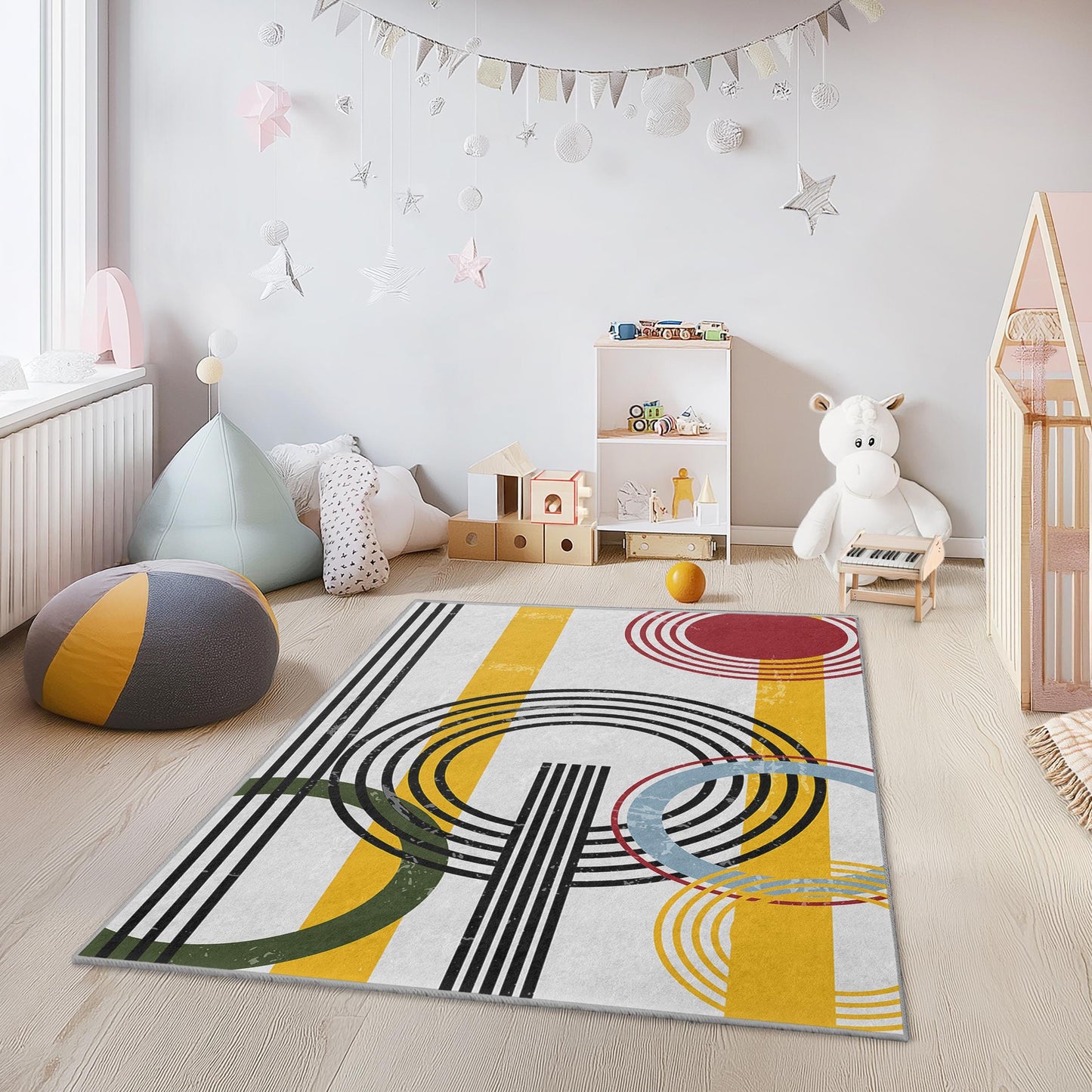 Kinderteppich mit geometrischem Kreismuster, farbenfrohe rechteckige Spielmatte, moderne Kinderzimmerdekoration, Spielzimmerteppich, Teppich fürs Kinderzimmer