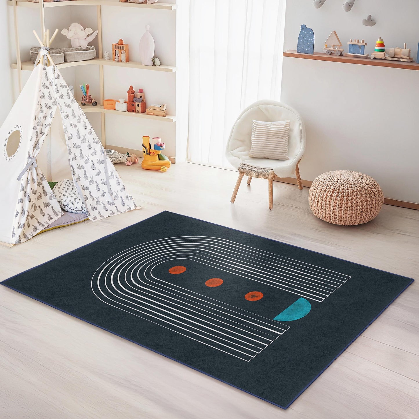 Rechteckiger Kinderteppich mit geometrischem Regenbogenmuster, moderne Kinderzimmerdekoration, farbenfroher Spielzimmerteppich, stilvoller Kinderzimmerteppich