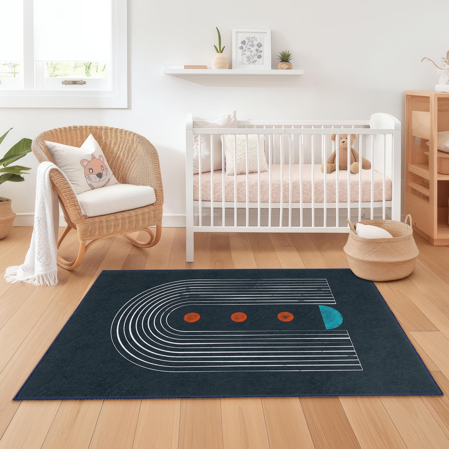 Rechteckiger Kinderteppich mit geometrischem Regenbogenmuster, moderne Kinderzimmerdekoration, farbenfroher Spielzimmerteppich, stilvoller Kinderzimmerteppich