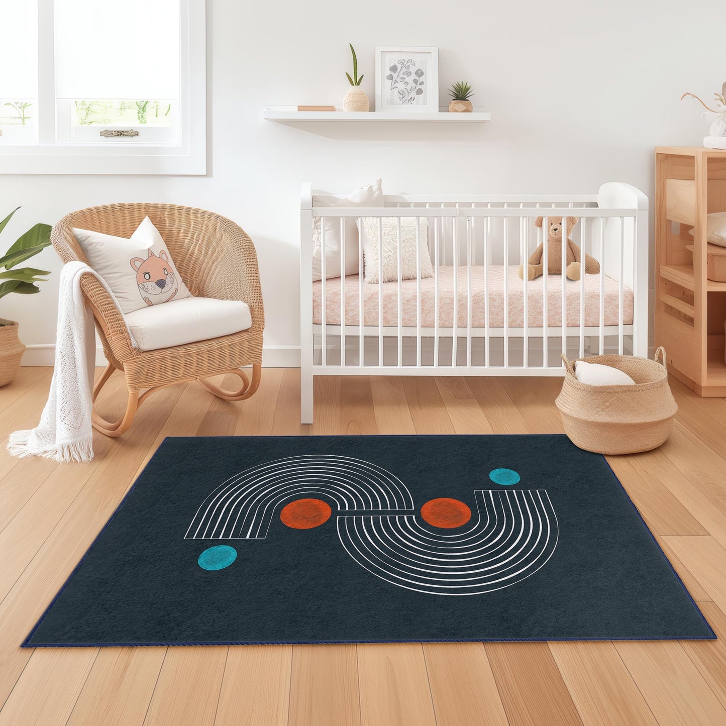 Rechteckiger Kinderteppich mit geometrischen Linien, modernes Design für das Spielzimmer, stilvolle Kinderzimmerdekoration, farbenfroher gemusterter Teppich