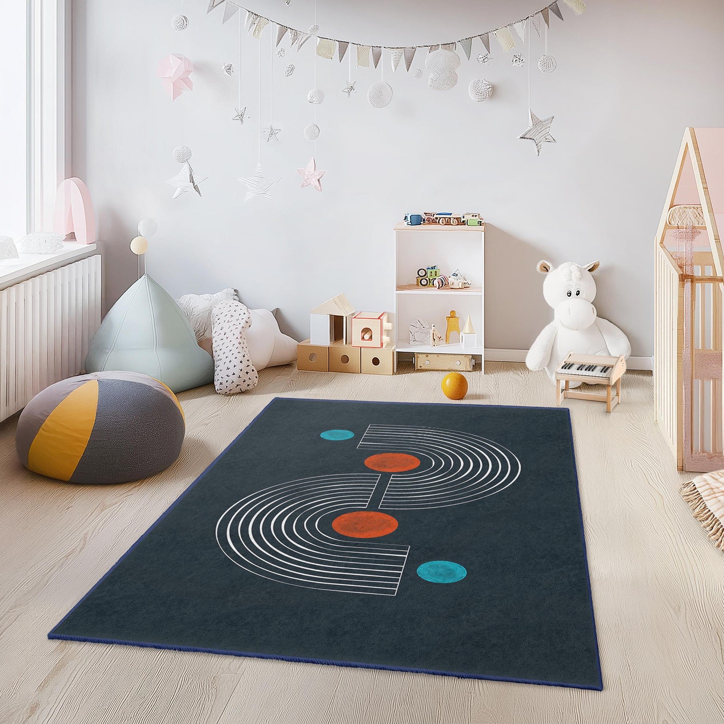 Rechteckiger Kinderteppich mit geometrischen Linien, modernes Design für das Spielzimmer, stilvolle Kinderzimmerdekoration, farbenfroher gemusterter Teppich