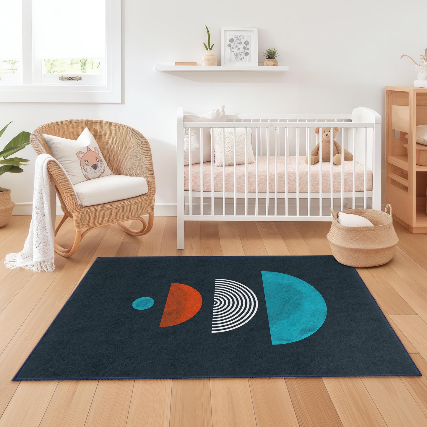 Rechteckiger Kinderteppich mit geometrischem Muster, farbenfroher Teppich mit verschiedenen Formen, moderner Kinderzimmerteppich, Spielzimmerdekoration, einzigartiger Kinderteppich