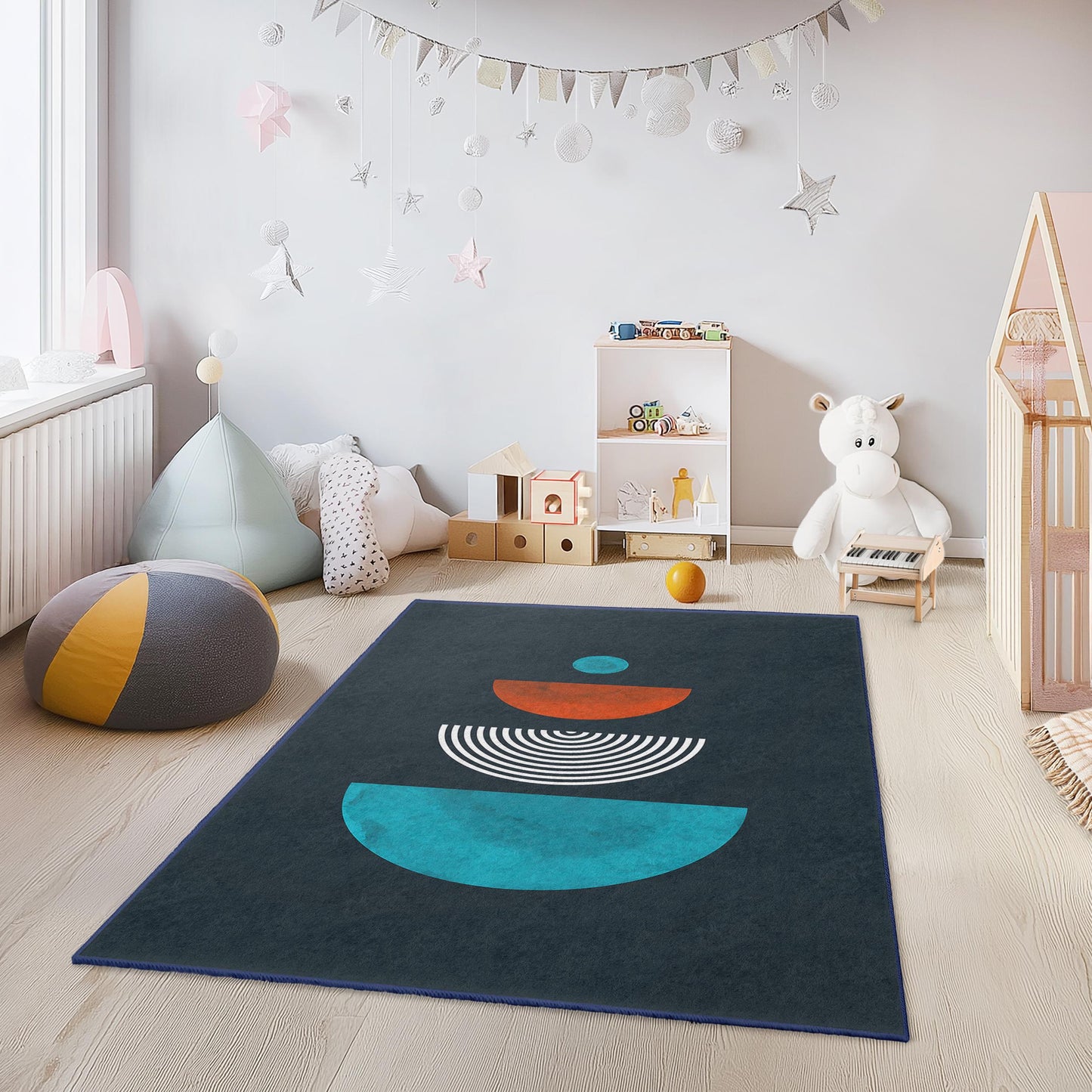 Rechteckiger Kinderteppich mit geometrischem Muster, farbenfroher Teppich mit verschiedenen Formen, moderner Kinderzimmerteppich, Spielzimmerdekoration, einzigartiger Kinderteppich