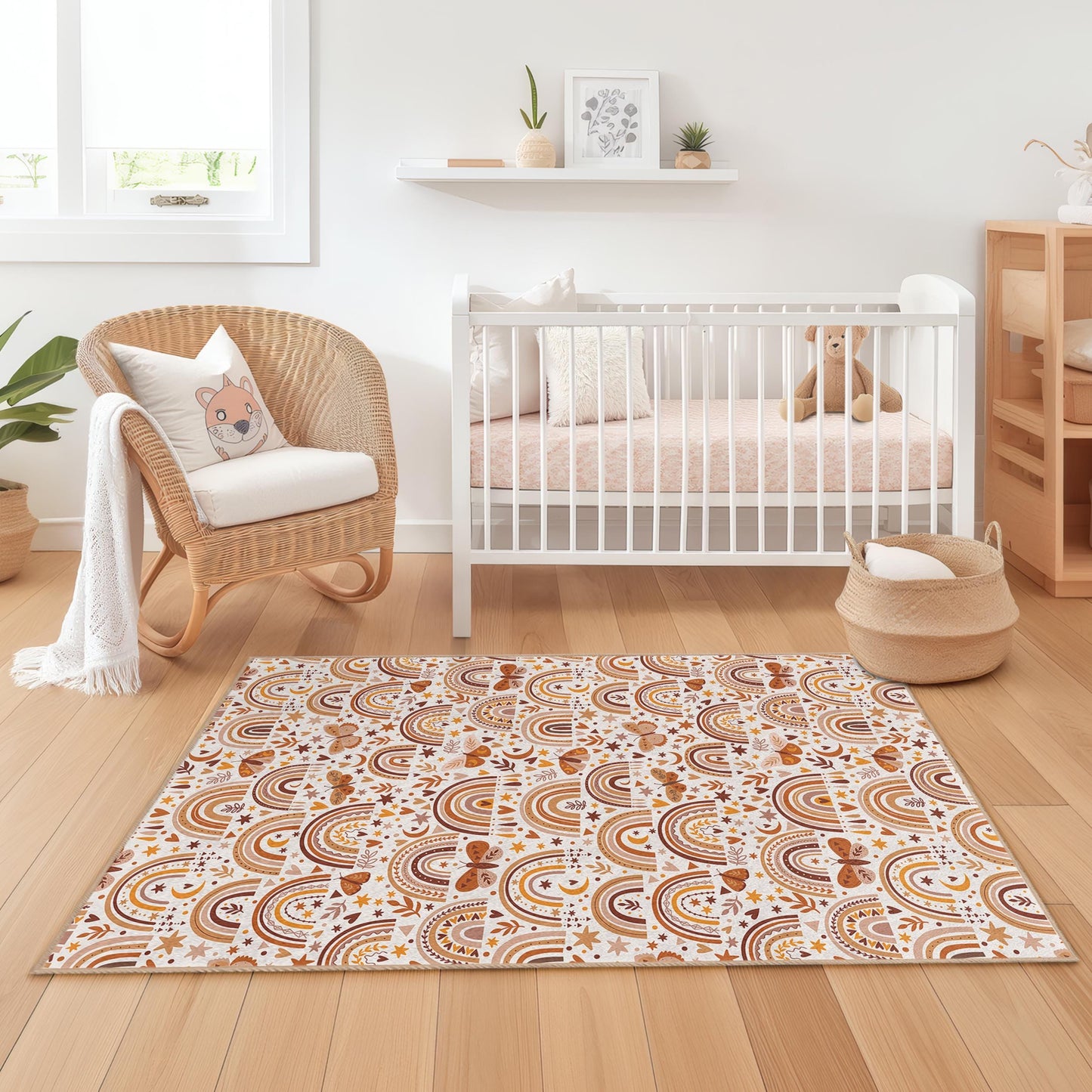Regenbogen- und Schmetterlings-Kinderteppich, rechteckiger Spielzimmerteppich, farbenfrohe Kinderzimmerdekoration, weicher Stoffteppich für Kinder, Herbstmotiv