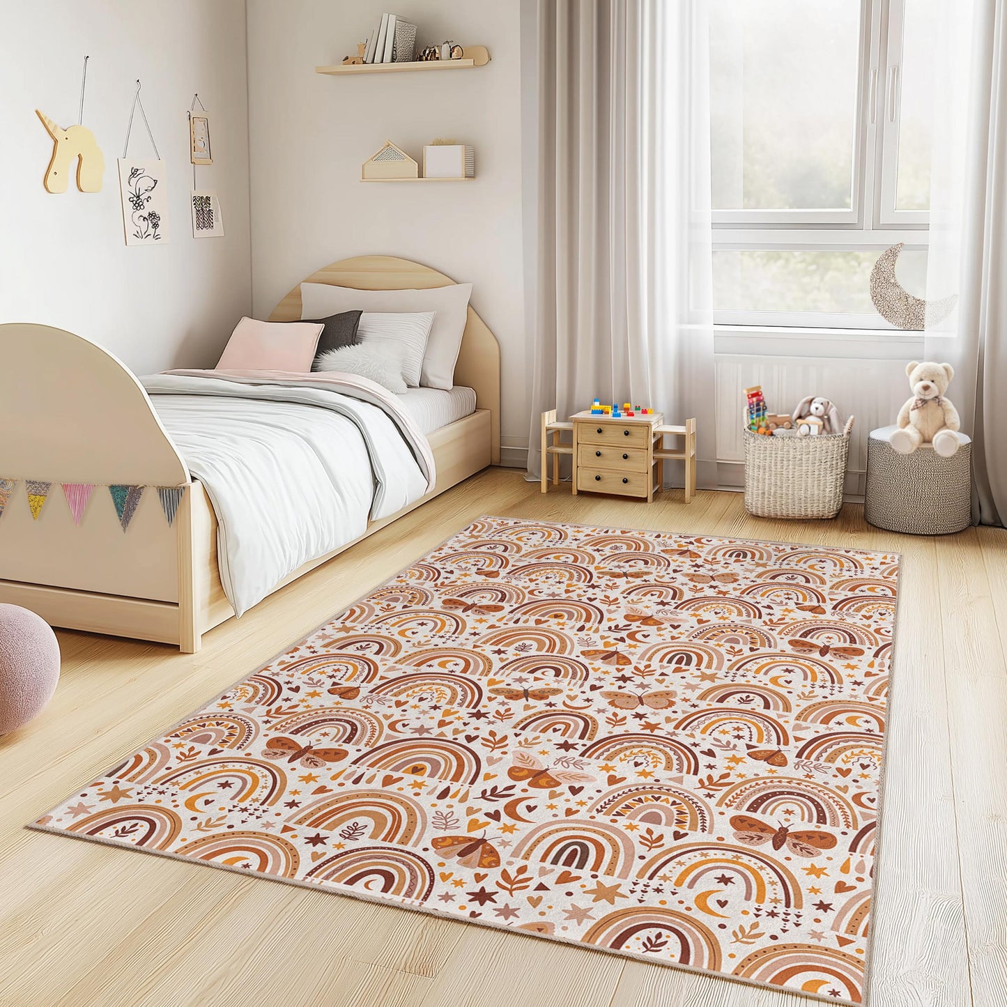 Regenbogen- und Schmetterlings-Kinderteppich, rechteckiger Spielzimmerteppich, farbenfrohe Kinderzimmerdekoration, weicher Stoffteppich für Kinder, Herbstmotiv