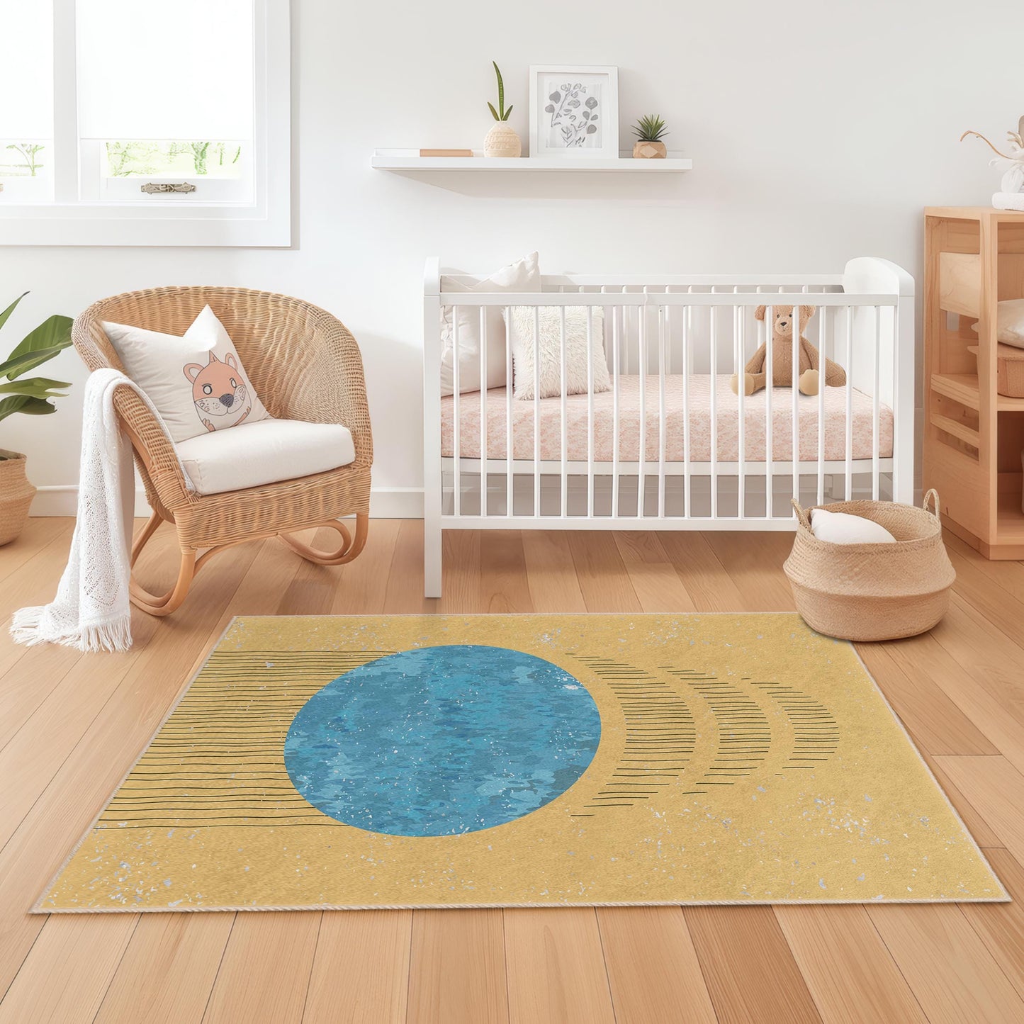 Rechteckiger Kinderteppich mit geometrischem Muster, weicher Spielzimmerteppich, farbenfroher Kinderzimmerteppich, moderne Raumdekoration, stilvoller Kinderteppich