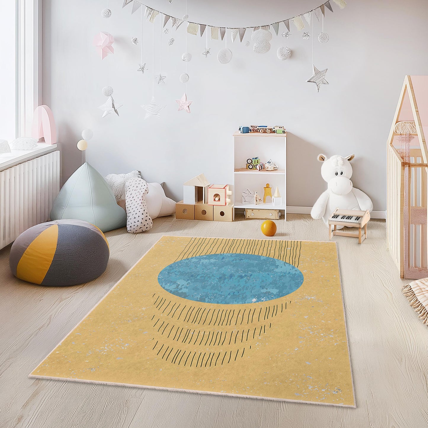 Rechteckiger Kinderteppich mit geometrischem Muster, weicher Spielzimmerteppich, farbenfroher Kinderzimmerteppich, moderne Raumdekoration, stilvoller Kinderteppich