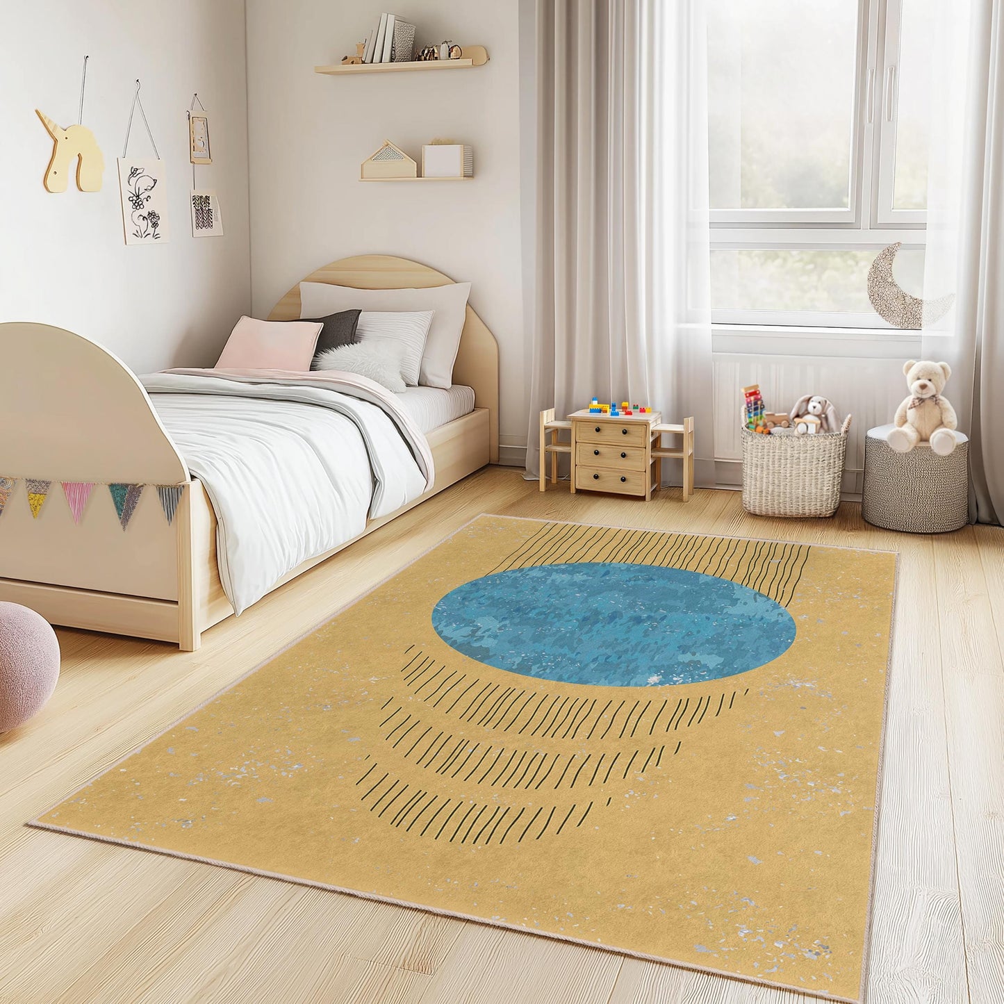 Rechteckiger Kinderteppich mit geometrischem Muster, weicher Spielzimmerteppich, farbenfroher Kinderzimmerteppich, moderne Raumdekoration, stilvoller Kinderteppich