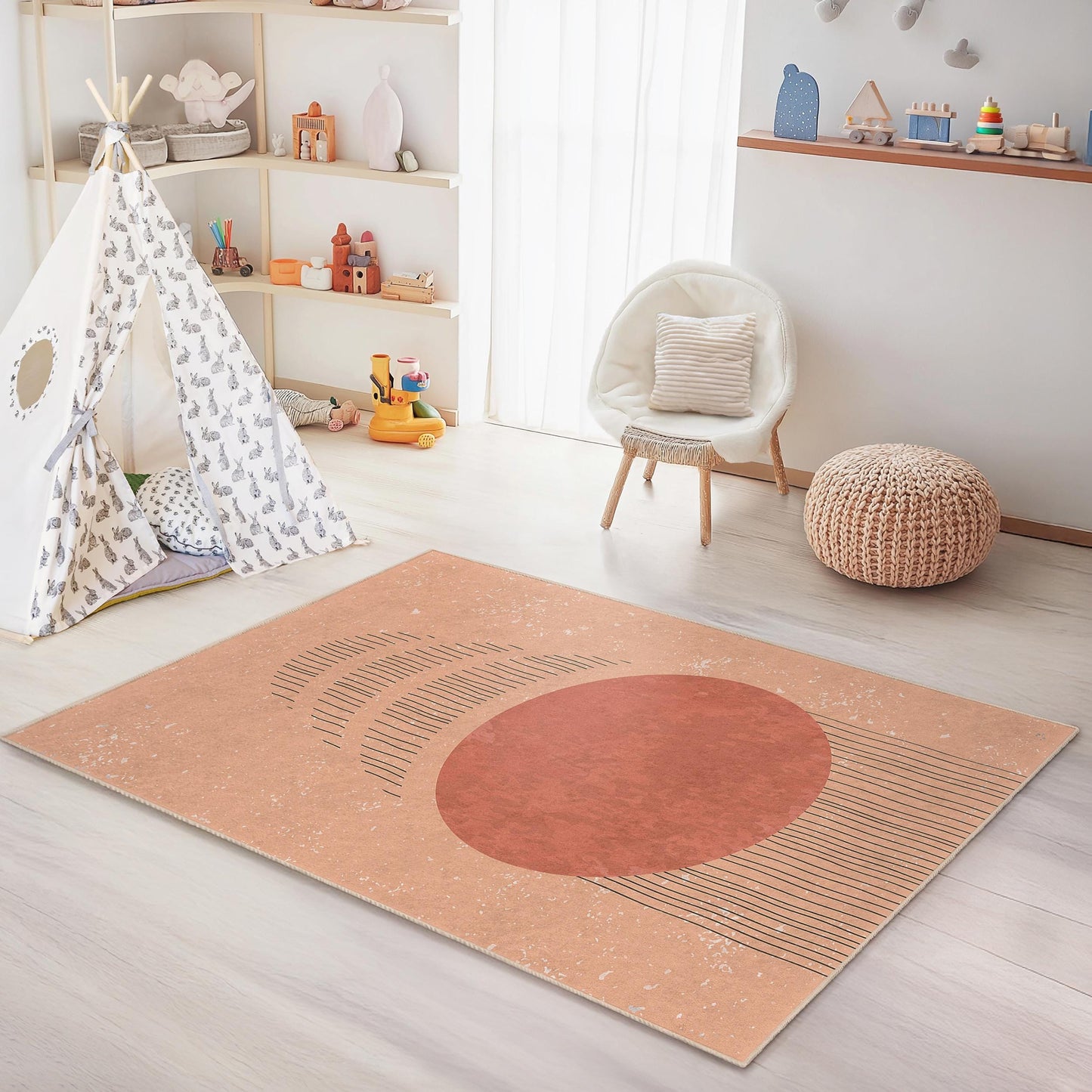 Rechteckiger Kinderteppich mit abstraktem Kreismuster, moderner Kinderzimmerteppich, stilvolle Spielzimmerdekoration, weicher Kinderteppich, Teppich mit geometrischem Design