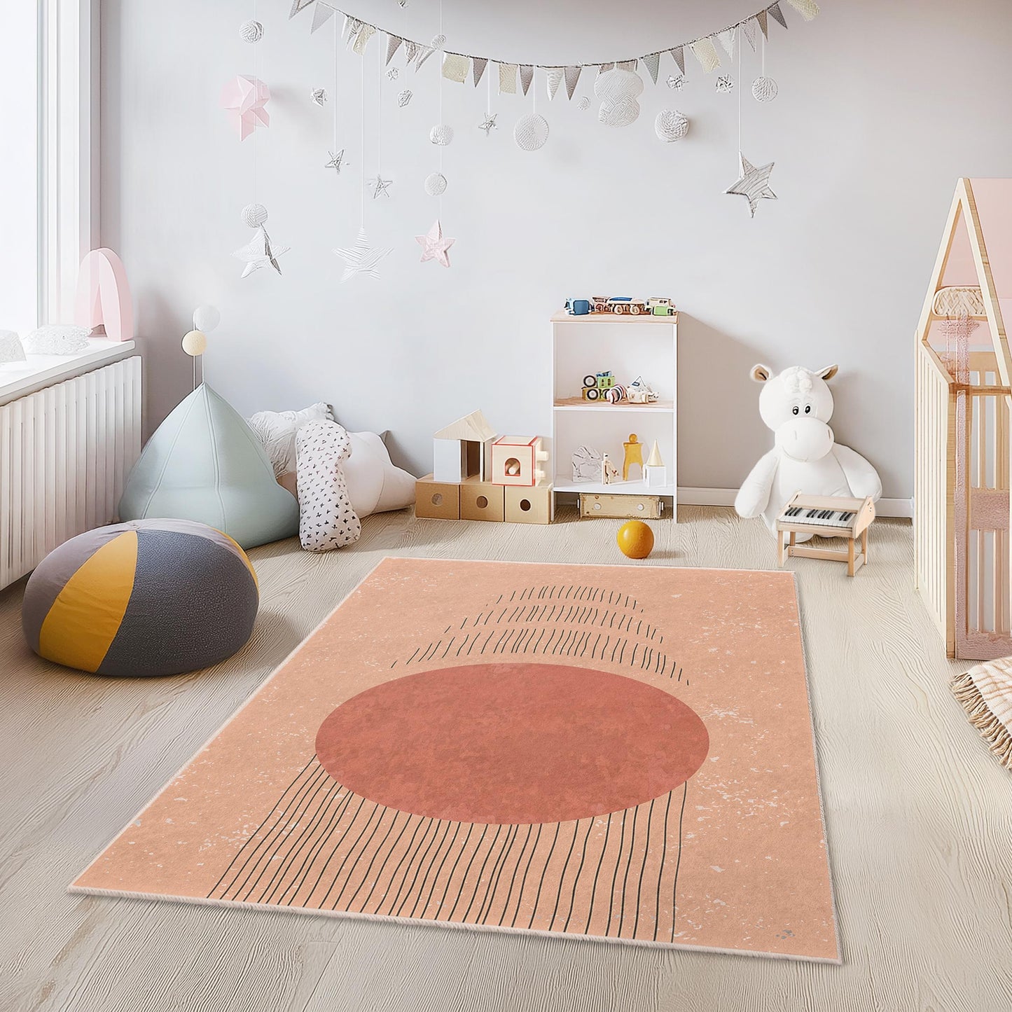 Rechteckiger Kinderteppich mit abstraktem Kreismuster, moderner Kinderzimmerteppich, stilvolle Spielzimmerdekoration, weicher Kinderteppich, Teppich mit geometrischem Design