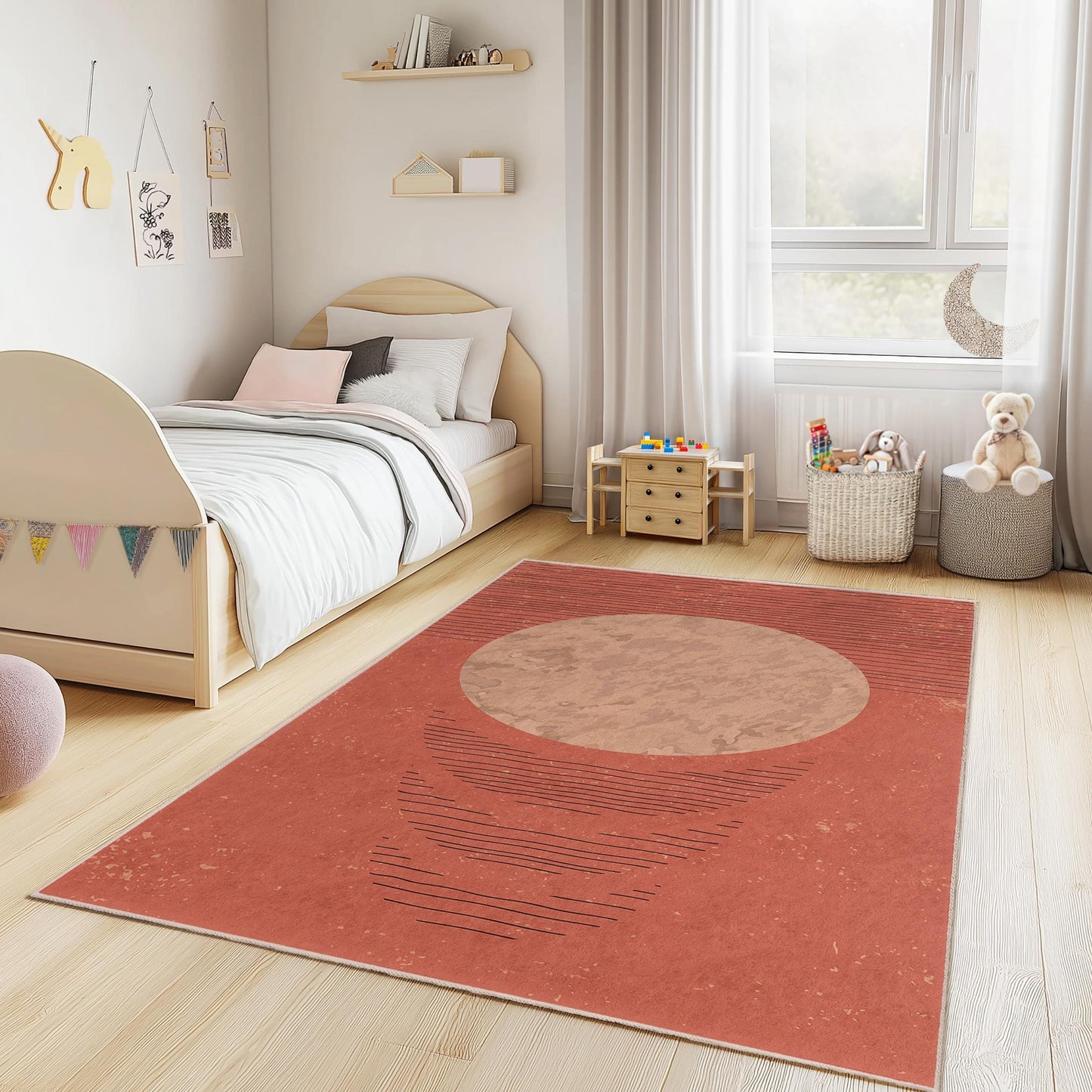 Abstrakter Kreisteppich, moderner rechteckiger Kinderzimmerteppich, Boho-Stil-Kinderzimmerdeko, weiche und gemütliche Spielmatte