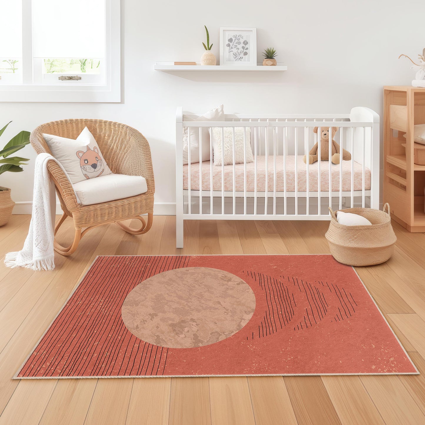 Abstrakter Kreisteppich, moderner rechteckiger Kinderzimmerteppich, Boho-Stil-Kinderzimmerdeko, weiche und gemütliche Spielmatte