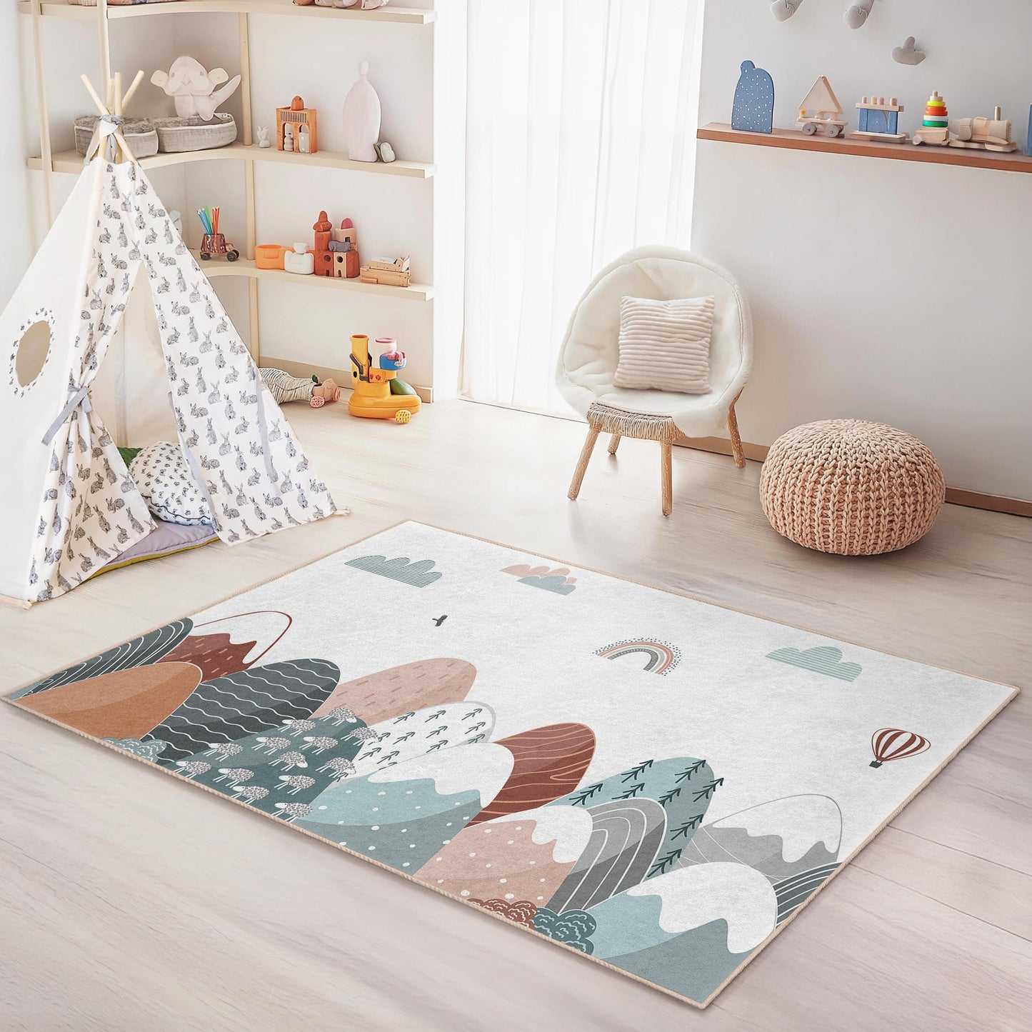 Kinderzimmerteppich mit Berglandschaftsmotiv, rechteckiger Spielzimmerteppich, weiche Kinderzimmerdekoration, stilvoller Kinderteppich, von der Natur inspiriertes Design