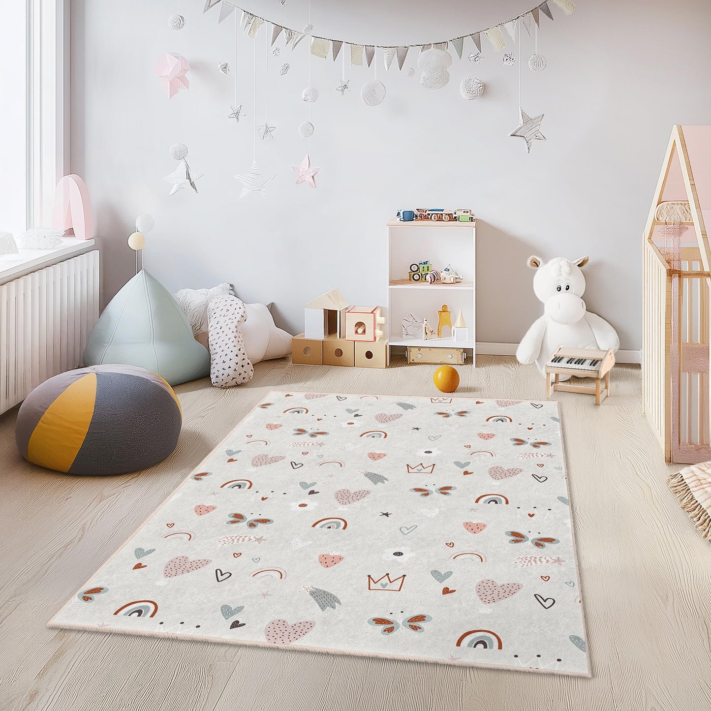 Rechteckiger Kinderteppich mit verspielten Herzen und Schmetterlingen, farbenfroher Spielzimmerteppich, Kinderzimmerteppich, Kinderzimmerdekoration