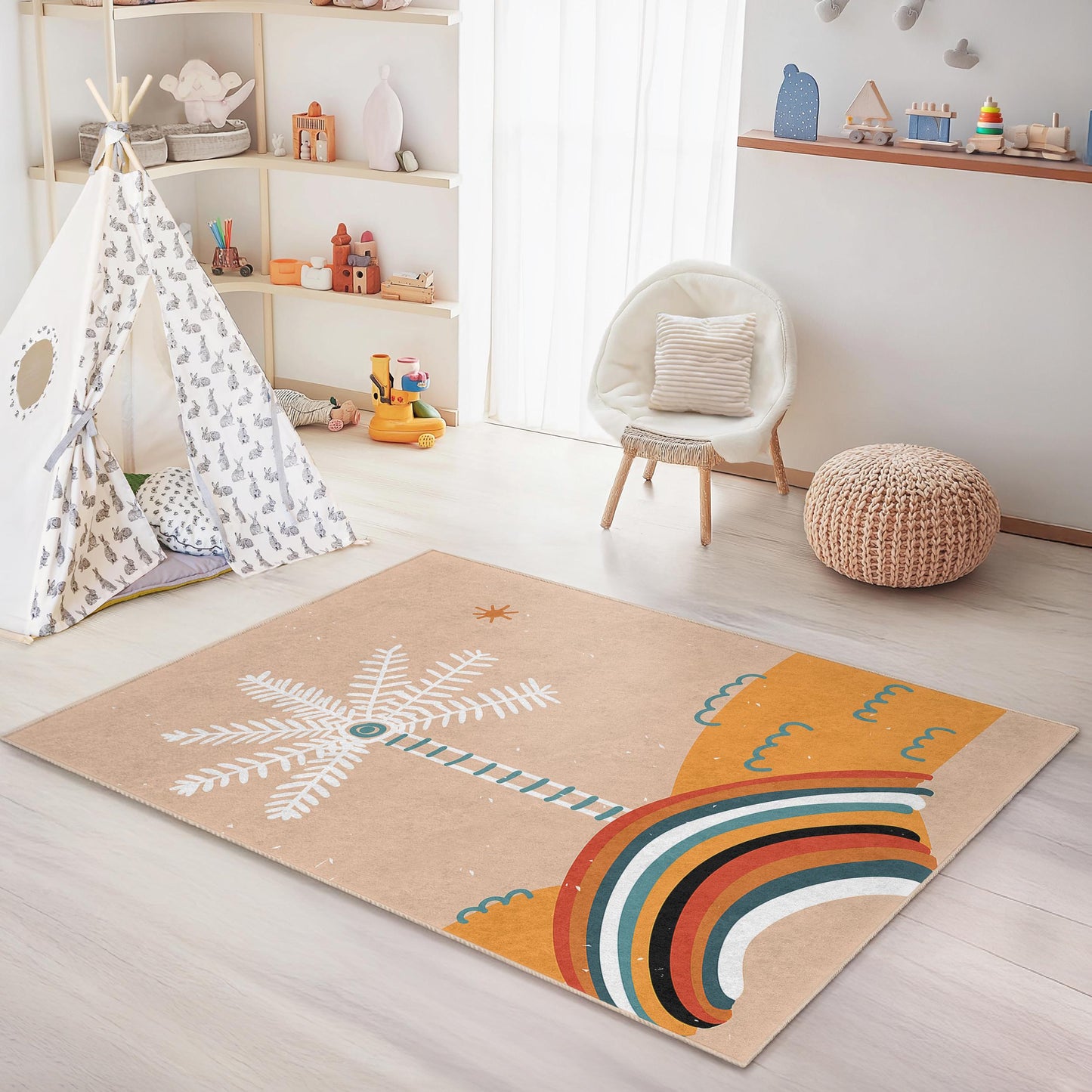 Regenbogen-Palmen-Kinderteppich, bunter tropischer Kinderzimmerteppich, rechteckige Spielmatte, Kinderzimmerdekoration, lebendiger Kinderteppich