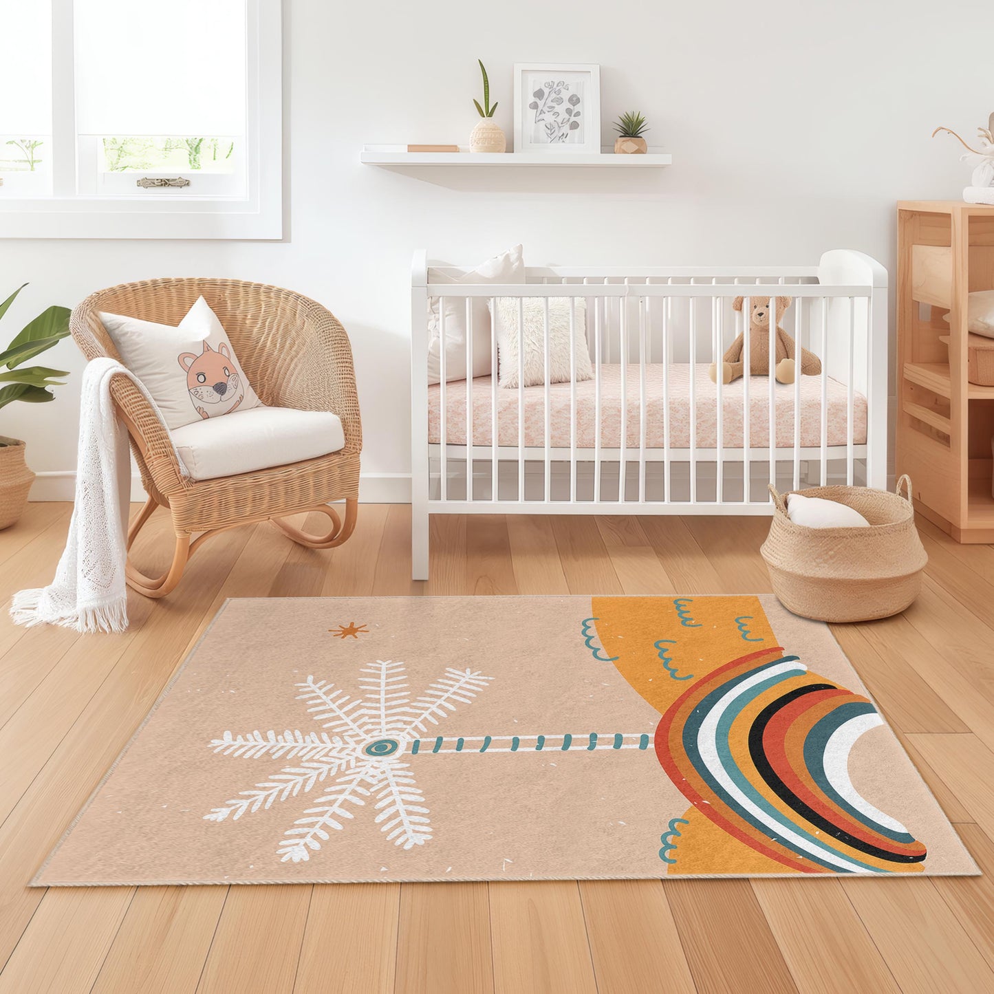 Regenbogen-Palmen-Kinderteppich, bunter tropischer Kinderzimmerteppich, rechteckige Spielmatte, Kinderzimmerdekoration, lebendiger Kinderteppich