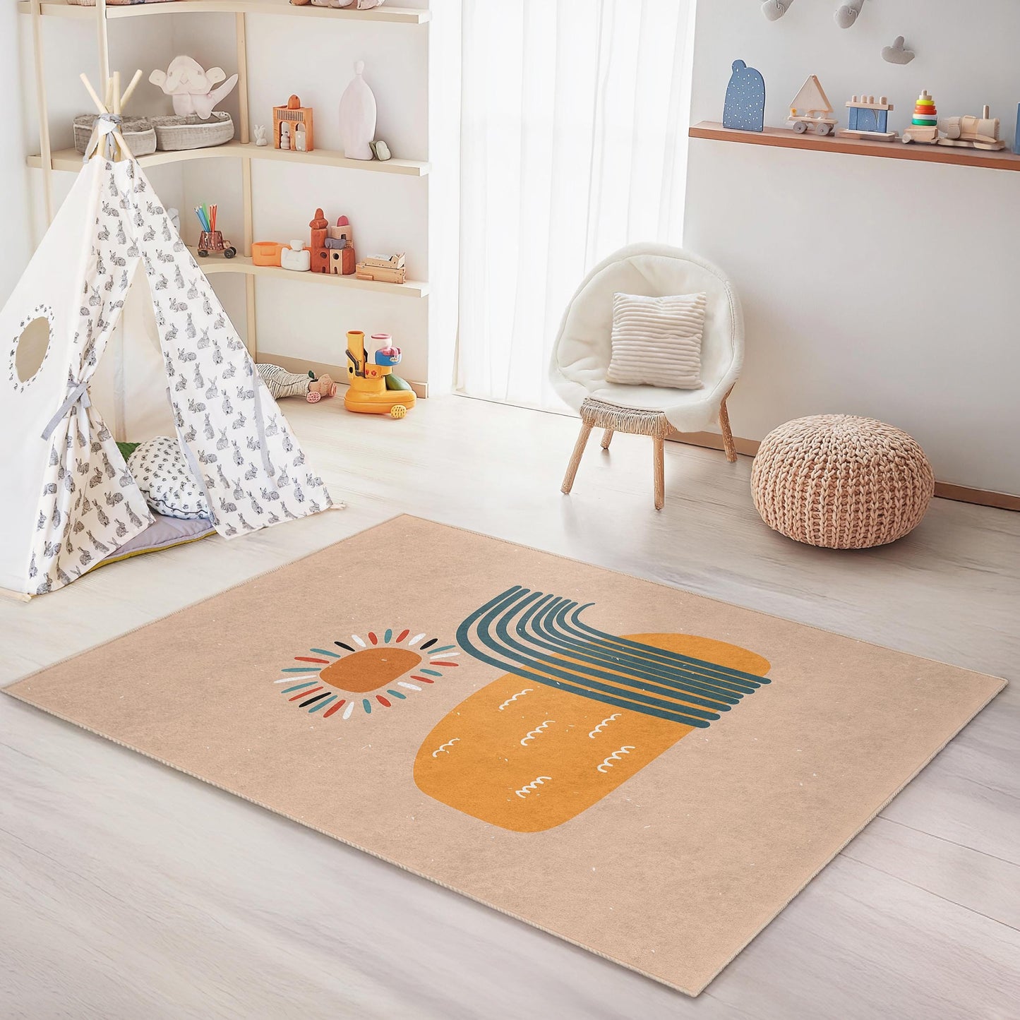 Rechteckiger Kinderteppich „Sunshine Abstract“, farbenfroher Kinderzimmerteppich, Spielzimmerdekoration, Teppich für das Babyzimmer, moderner Kinderteppich