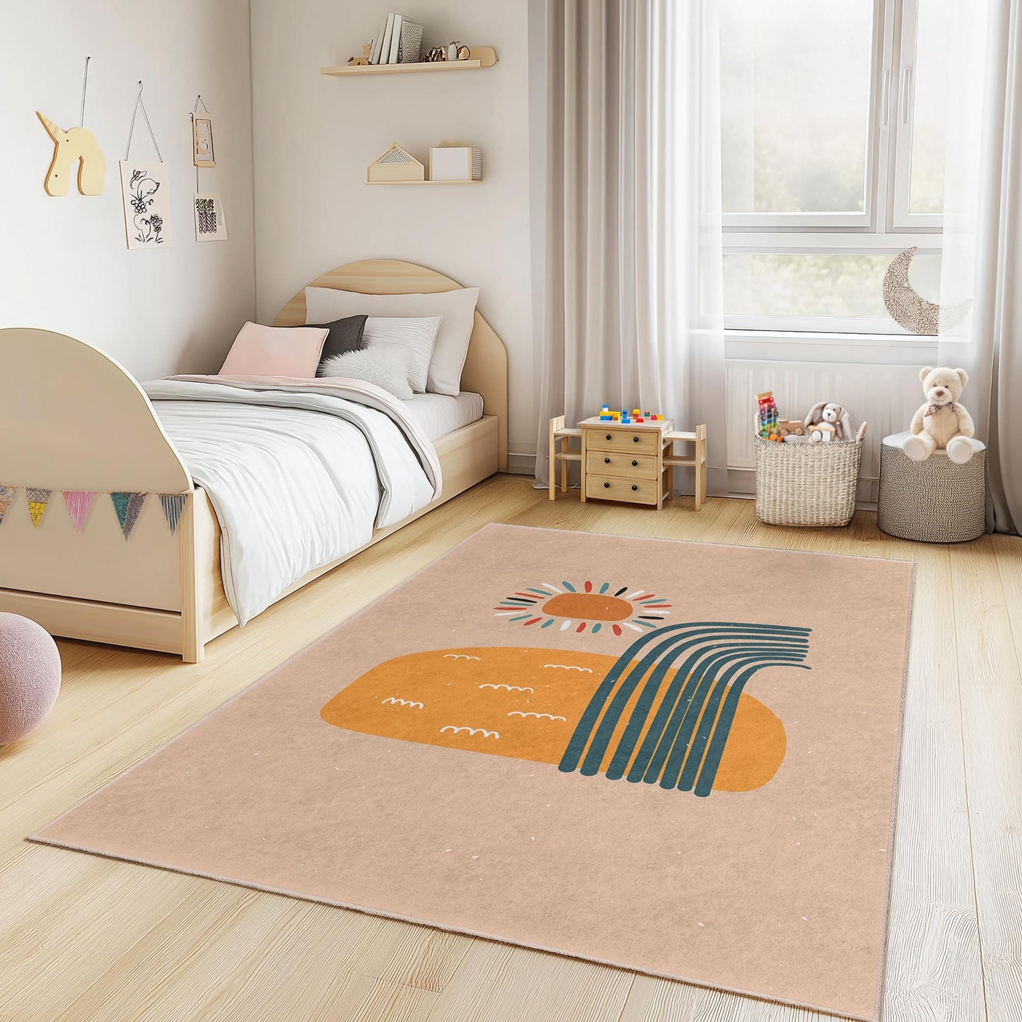 Rechteckiger Kinderteppich „Sunshine Abstract“, farbenfroher Kinderzimmerteppich, Spielzimmerdekoration, Teppich für das Babyzimmer, moderner Kinderteppich