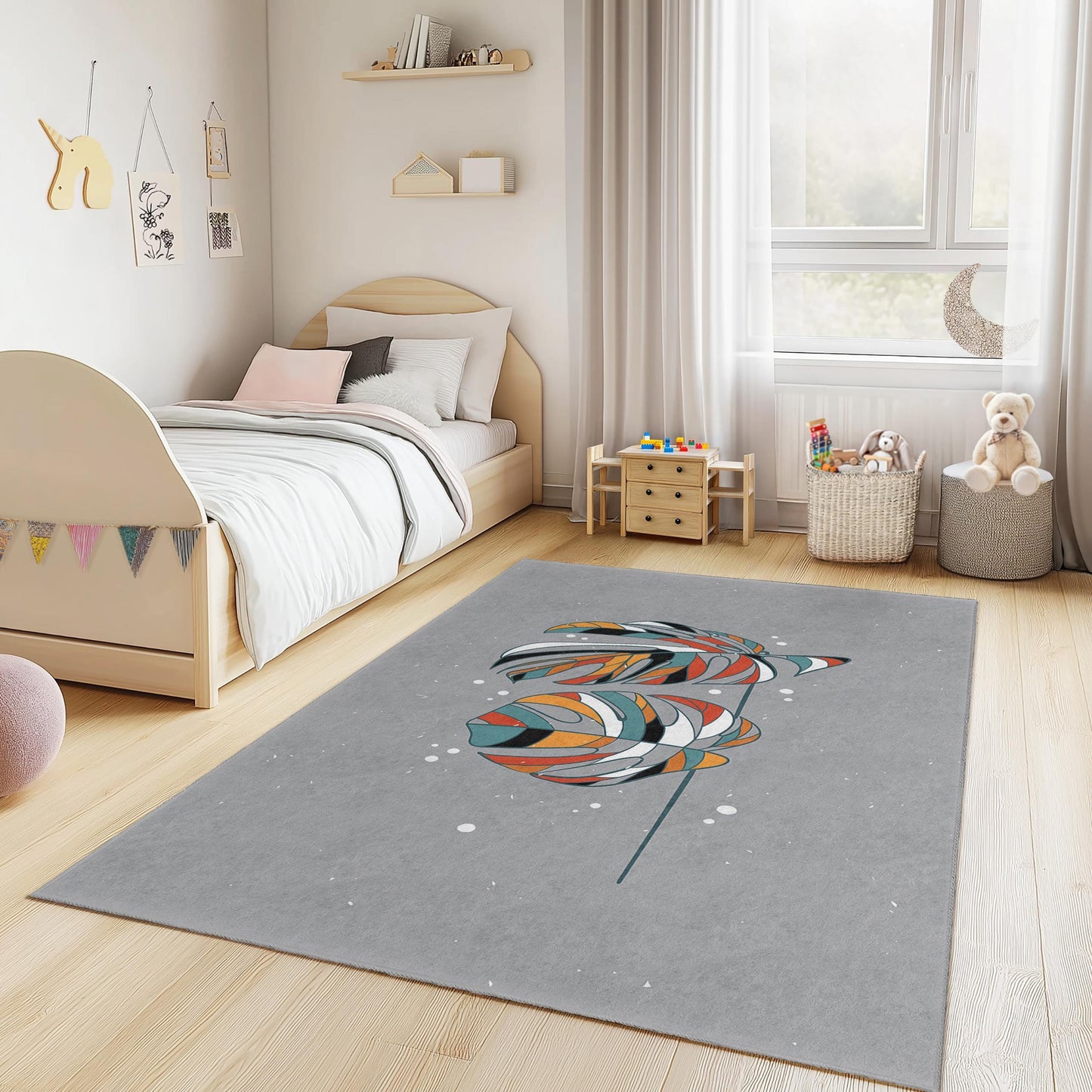 Bunter rechteckiger Monstera-Blatt-Kinderteppich, tropischer Pflanzenteppich, Kinderzimmerdeko, weicher Teppich fürs Kinderzimmer, verspieltes Design