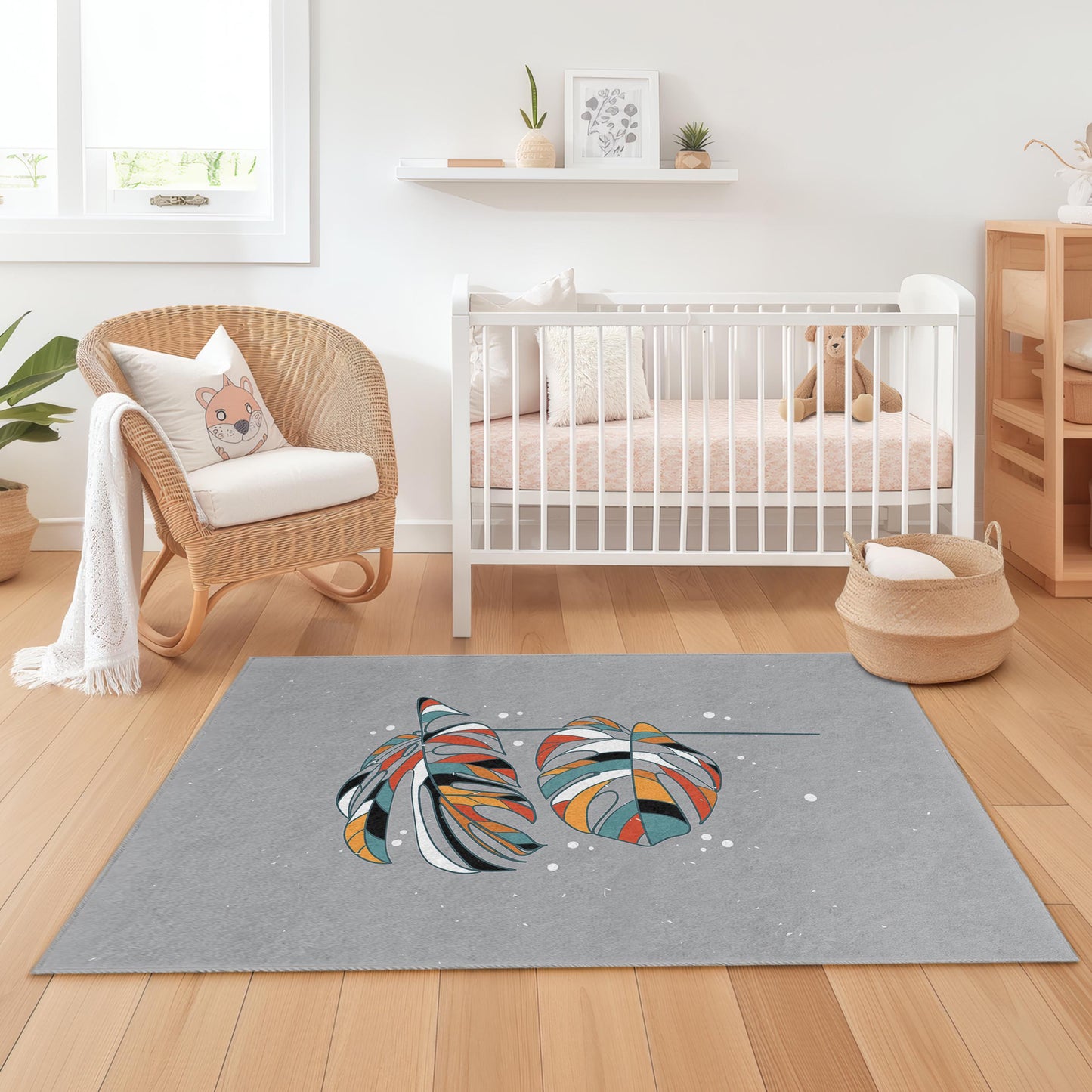 Bunter rechteckiger Monstera-Blatt-Kinderteppich, tropischer Pflanzenteppich, Kinderzimmerdeko, weicher Teppich fürs Kinderzimmer, verspieltes Design