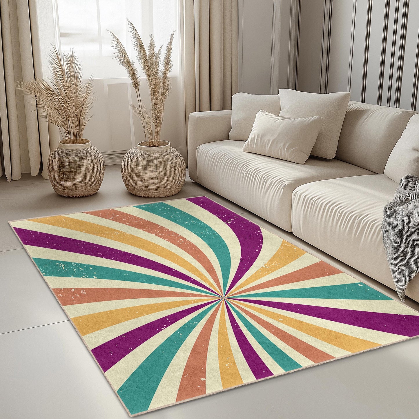 Rechteckiger Teppich mit farbenfrohem Wirbelmuster, lebendiges Retro-Design, moderner Wohnzimmerteppich, einzigartige Wohndekoration