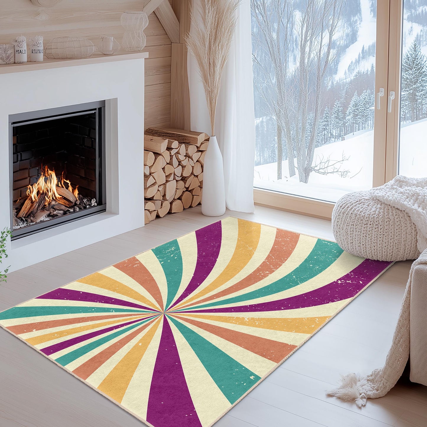 Rechteckiger Teppich mit farbenfrohem Wirbelmuster, lebendiges Retro-Design, moderner Wohnzimmerteppich, einzigartige Wohndekoration