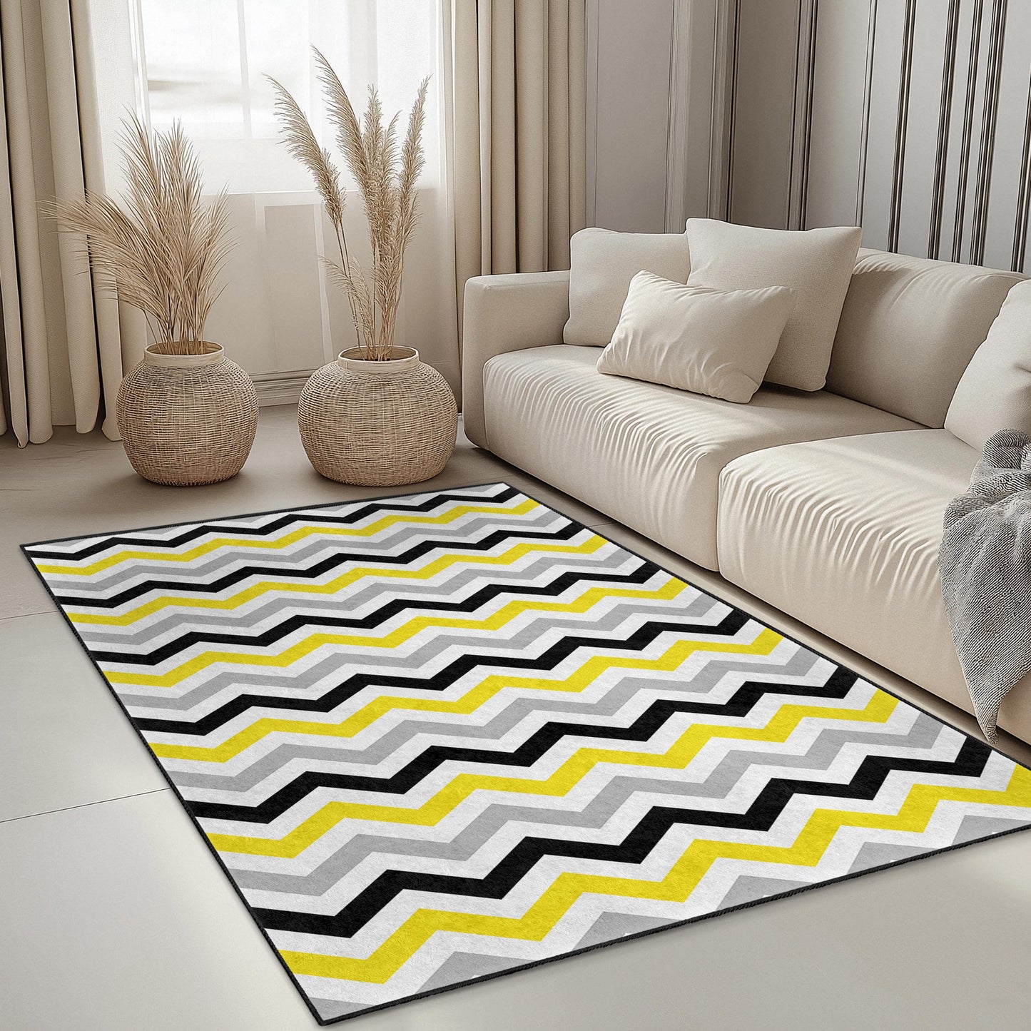 Rechteckiger Teppich mit Chevron-Muster, stilvoller grau-gelb-schwarzer Teppich, moderner Wohnteppich, Wohnzimmerteppich, zeitgenössisches Design