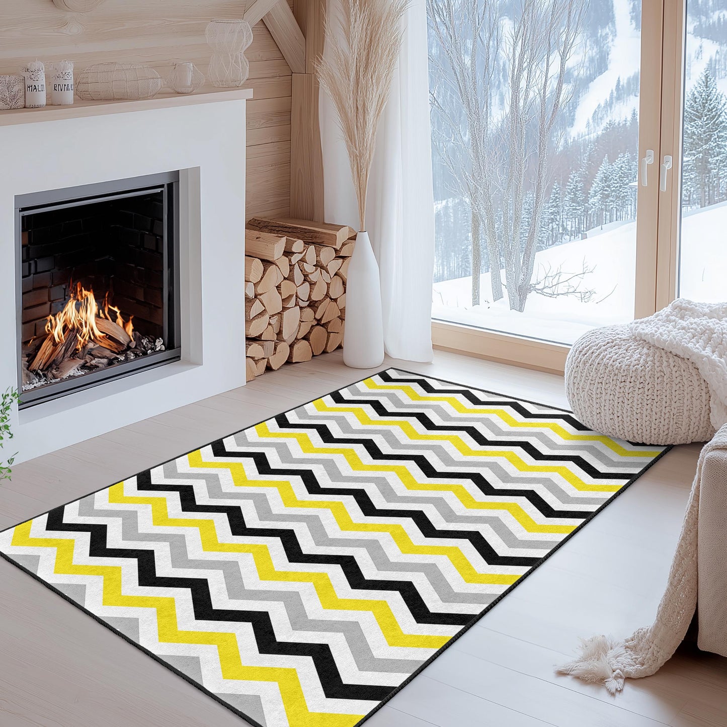 Rechteckiger Teppich mit Chevron-Muster, stilvoller grau-gelb-schwarzer Teppich, moderner Wohnteppich, Wohnzimmerteppich, zeitgenössisches Design