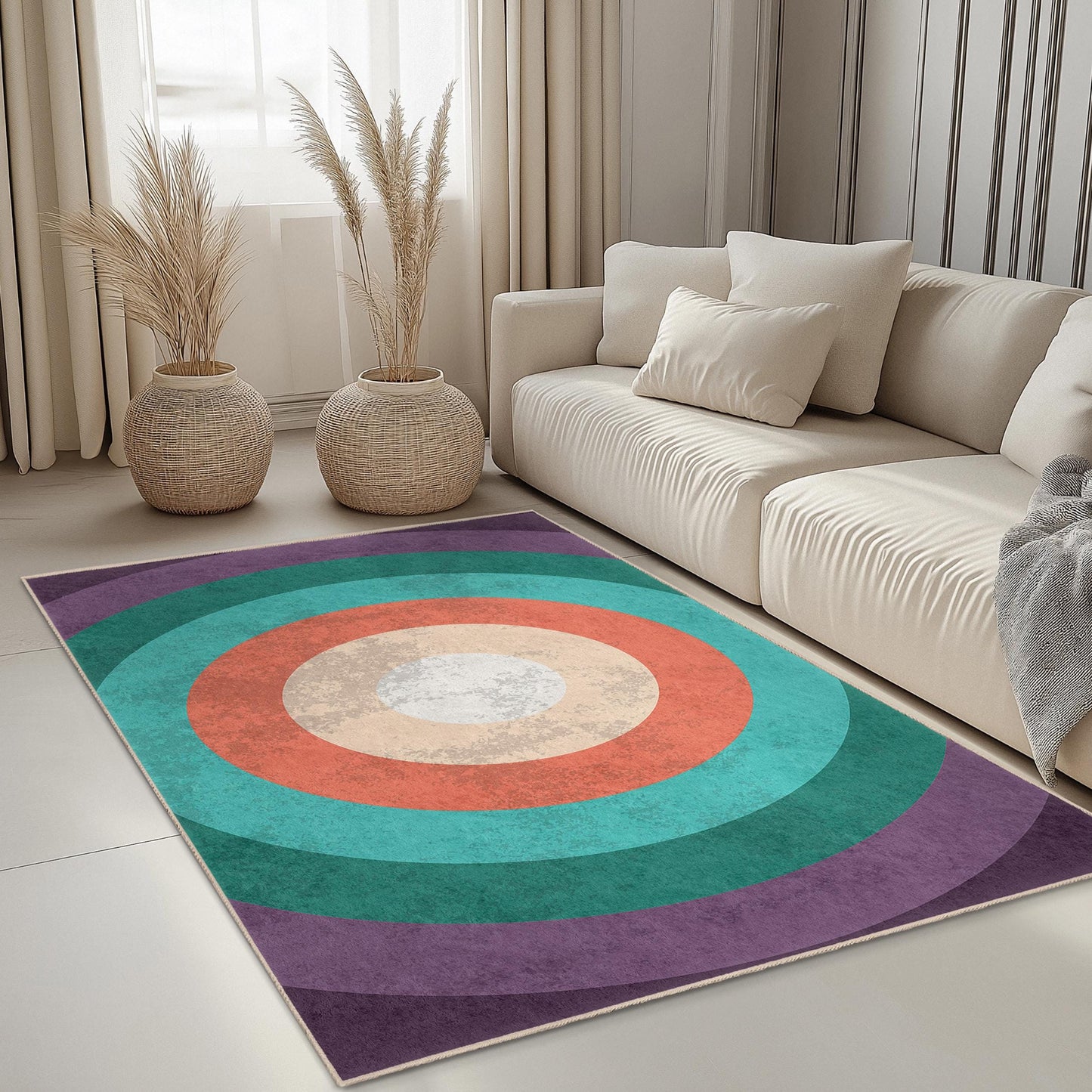 Rechteckiger Teppich mit farbenfrohem Kreismuster, Teppich im Bohème-Stil, moderner Wohnzimmerteppich, Teppich mit geometrischem Design, Wohnaccessoire
