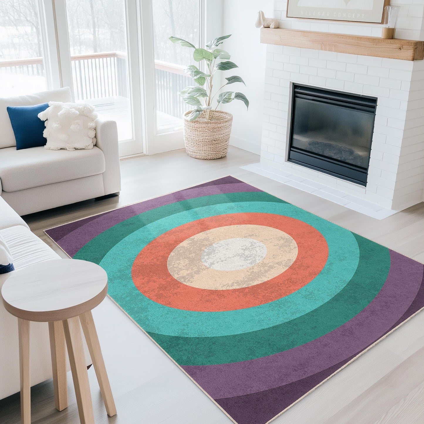 Rechteckiger Teppich mit farbenfrohem Kreismuster, Teppich im Bohème-Stil, moderner Wohnzimmerteppich, Teppich mit geometrischem Design, Wohnaccessoire