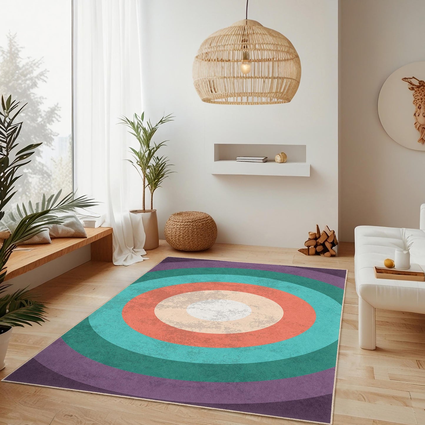 Rechteckiger Teppich mit farbenfrohem Kreismuster, Teppich im Bohème-Stil, moderner Wohnzimmerteppich, Teppich mit geometrischem Design, Wohnaccessoire