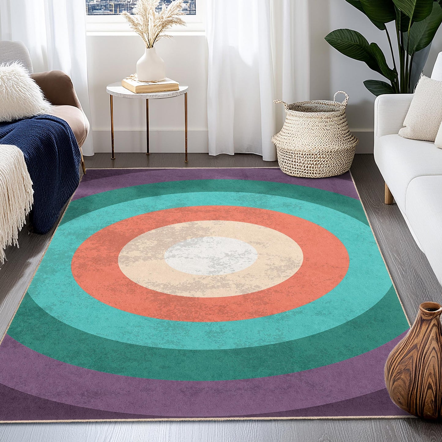 Colorful Circle Pattern Rectangular Rug, Bohemian Style Area Rug, Modern Living Room Carpet, Geometric Design Rug, Home Decor