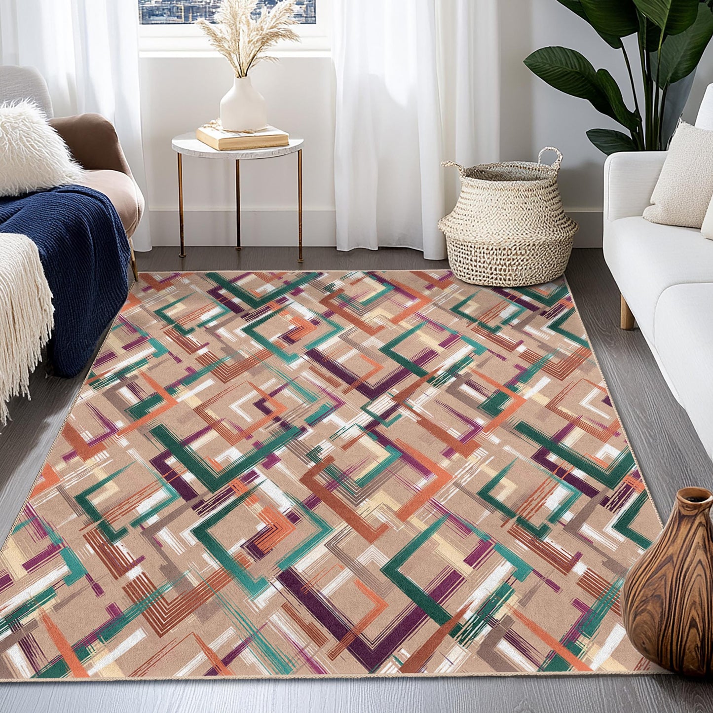 Rechteckiger Teppich mit geometrischem Muster, modernes Design für das Wohnzimmer, stilvolle Wohndekoration, geometrische Matte fürs Schlafzimmer, zeitgenössischer Bodenteppich