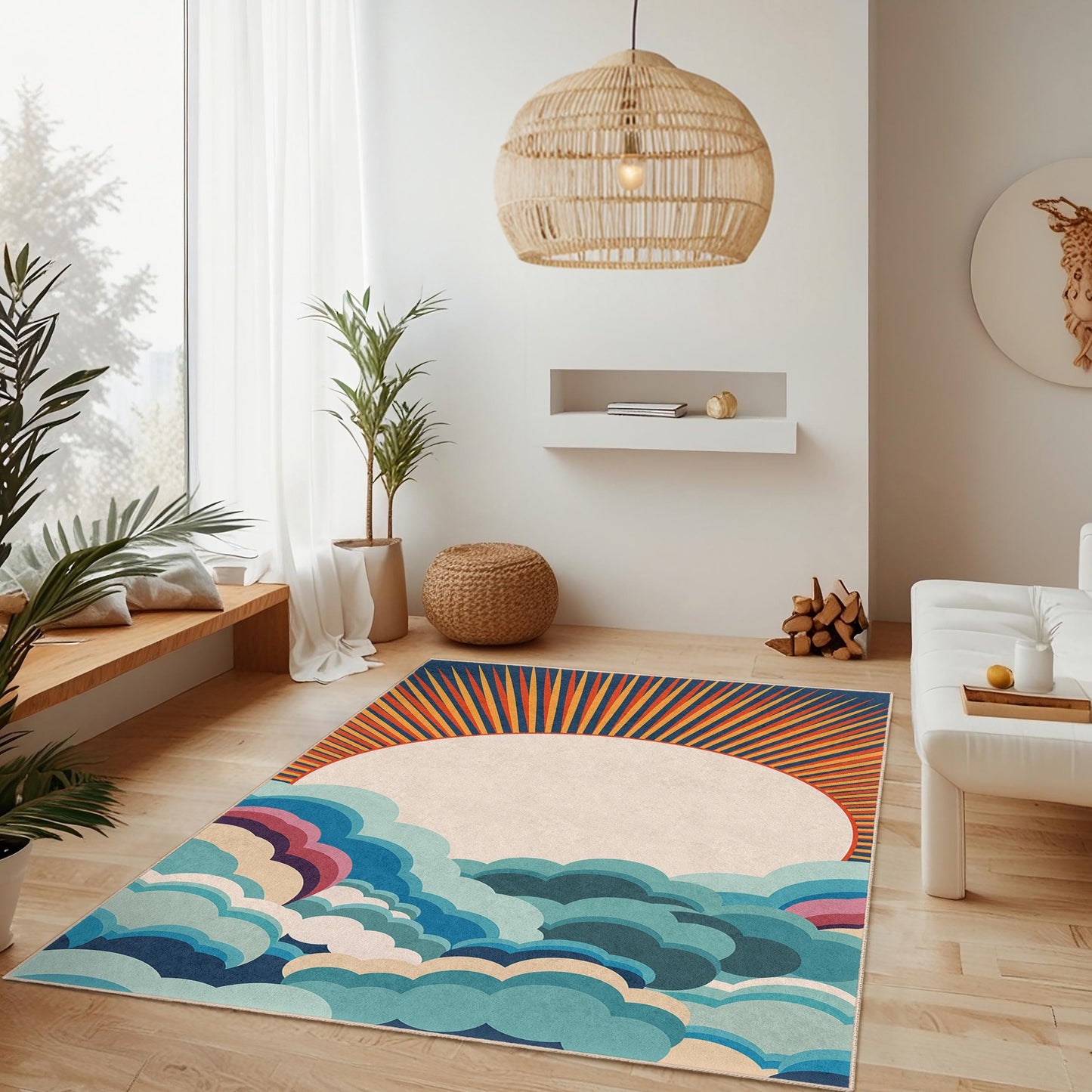 Rechteckiger Teppich „Sonnenaufgangswolken“, farbenfroher Teppich mit Wolkenmuster, Wohnteppich, Wohnzimmerteppich, Boho-Teppich