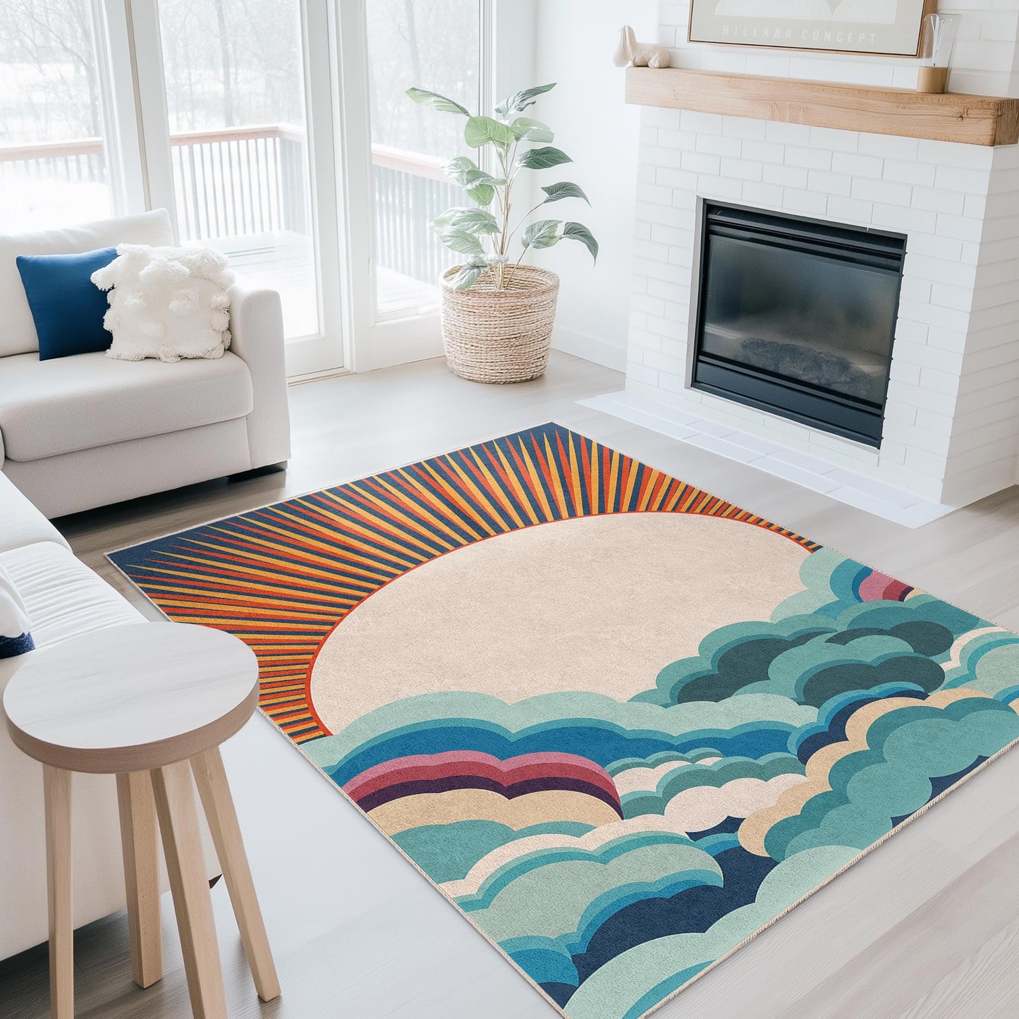 Rechteckiger Teppich „Sonnenaufgangswolken“, farbenfroher Teppich mit Wolkenmuster, Wohnteppich, Wohnzimmerteppich, Boho-Teppich