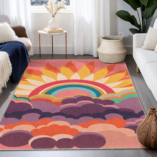 Sunrise Rainbow Rectangular Area Rug, Colorful Cloud Rug, Bohemian Decor Rug, Living Room Carpet, Modern Home Decor