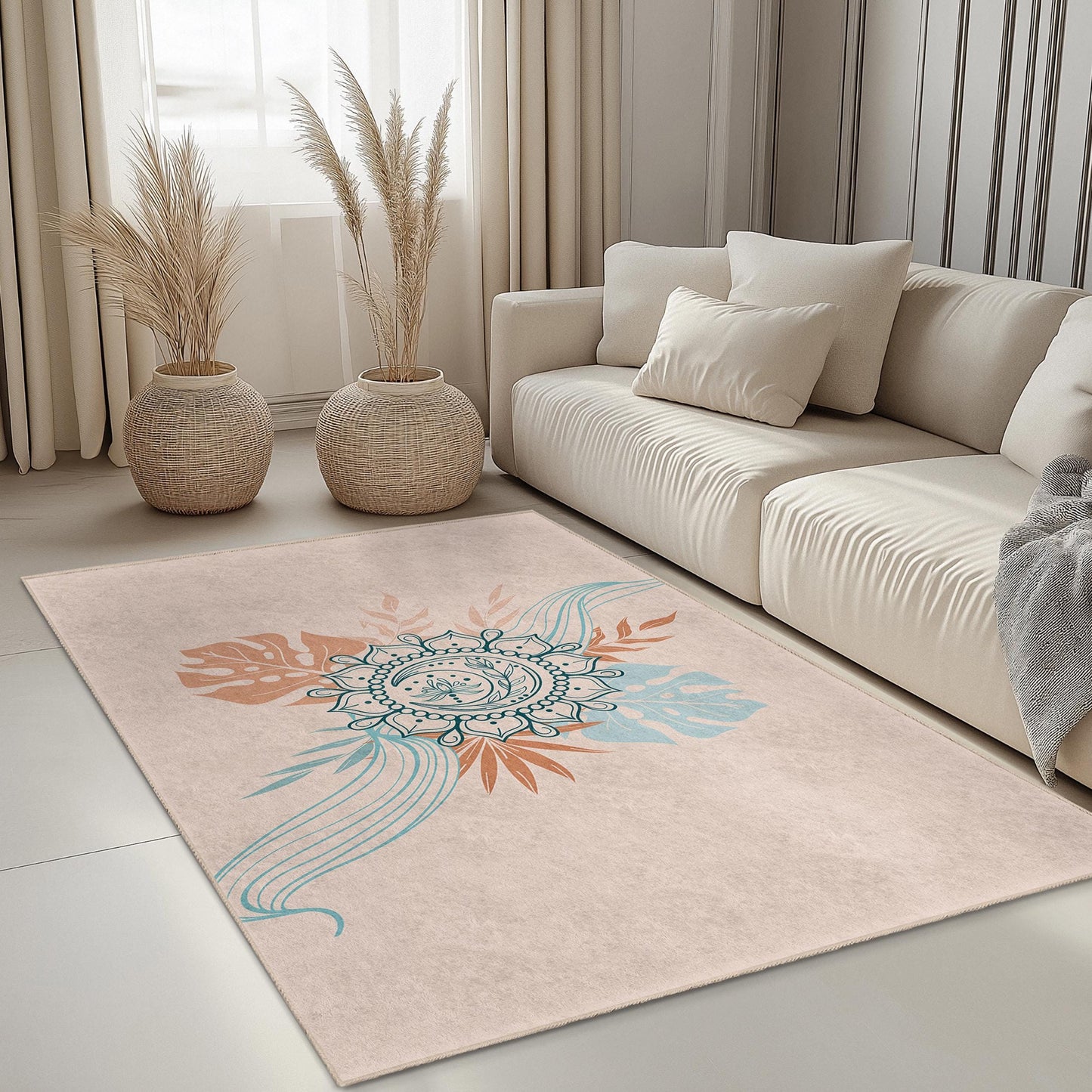 Eleganter rechteckiger Teppich mit Mandala-Blumenmuster, Boho-Chic-Teppich, dekorative Fußmatte für Wohnzimmer, Schlafzimmer oder Büro