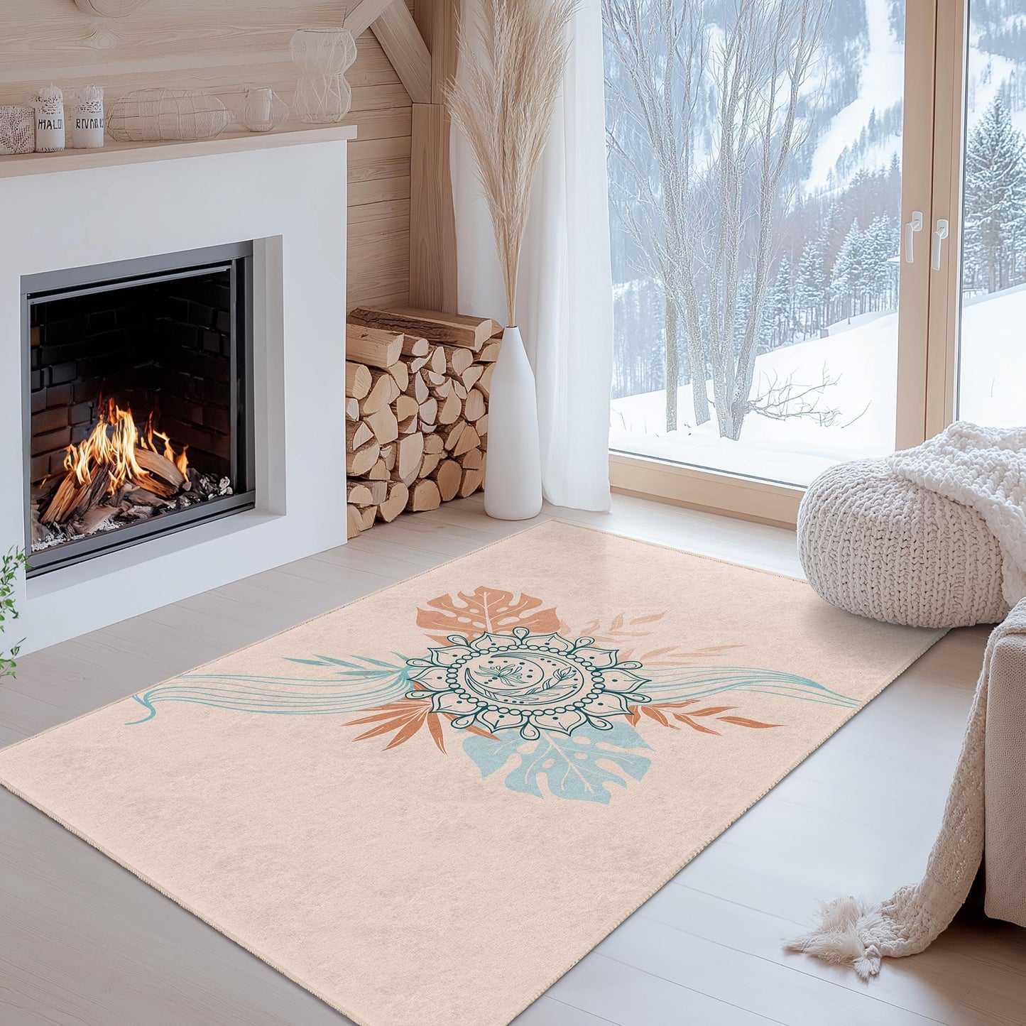 Eleganter rechteckiger Teppich mit Mandala-Blumenmuster, Boho-Chic-Teppich, dekorative Fußmatte für Wohnzimmer, Schlafzimmer oder Büro