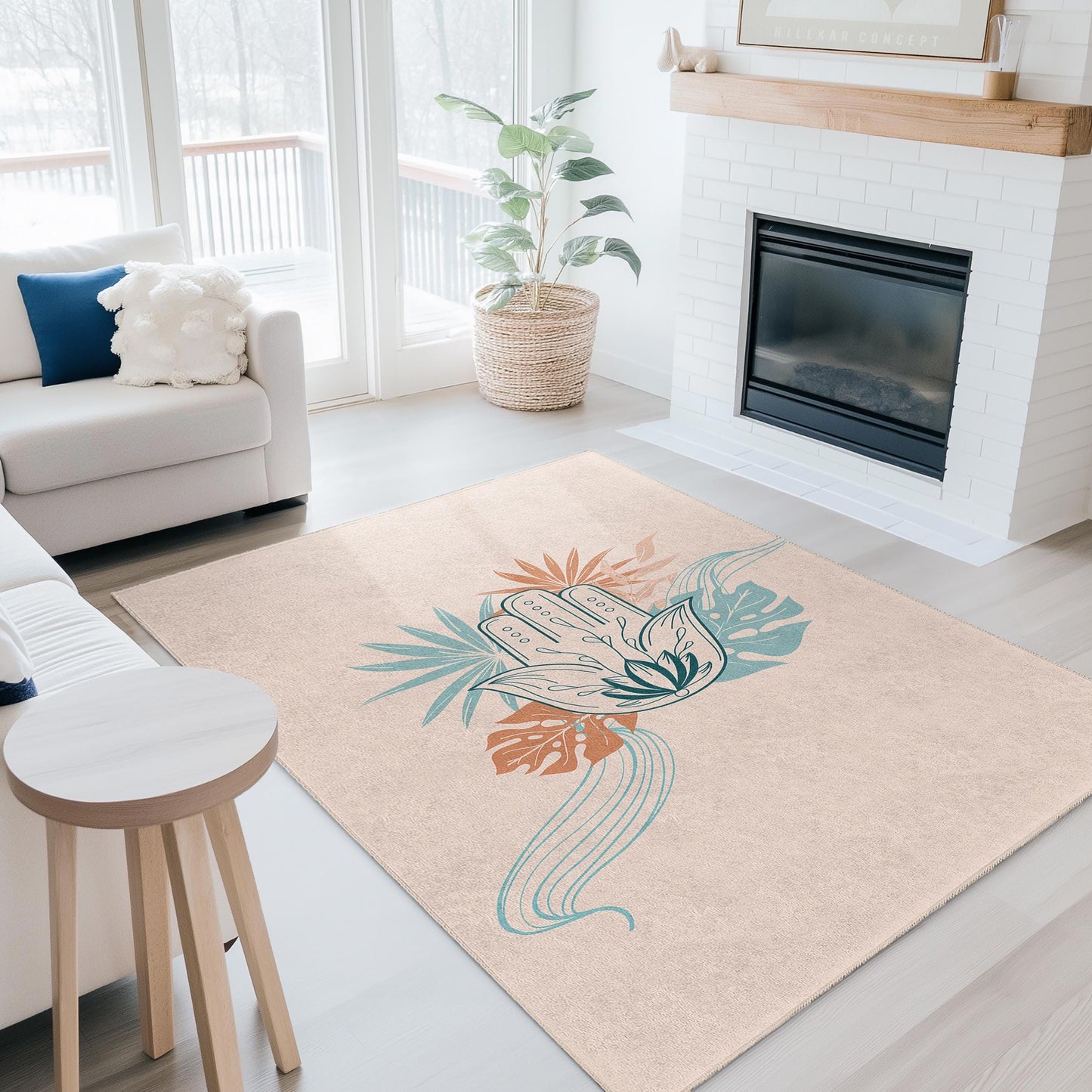Rechteckiger Teppich mit böhmischem Hand- und Blättermuster, dekorativer Wohnzimmerteppich, einzigartiger Teppich, florales Design, Wohnaccessoire