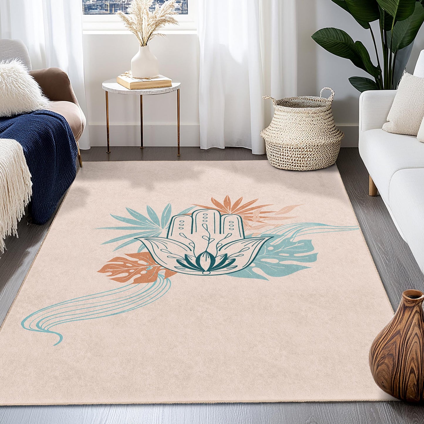 Rechteckiger Teppich mit böhmischem Hand- und Blättermuster, dekorativer Wohnzimmerteppich, einzigartiger Teppich, florales Design, Wohnaccessoire