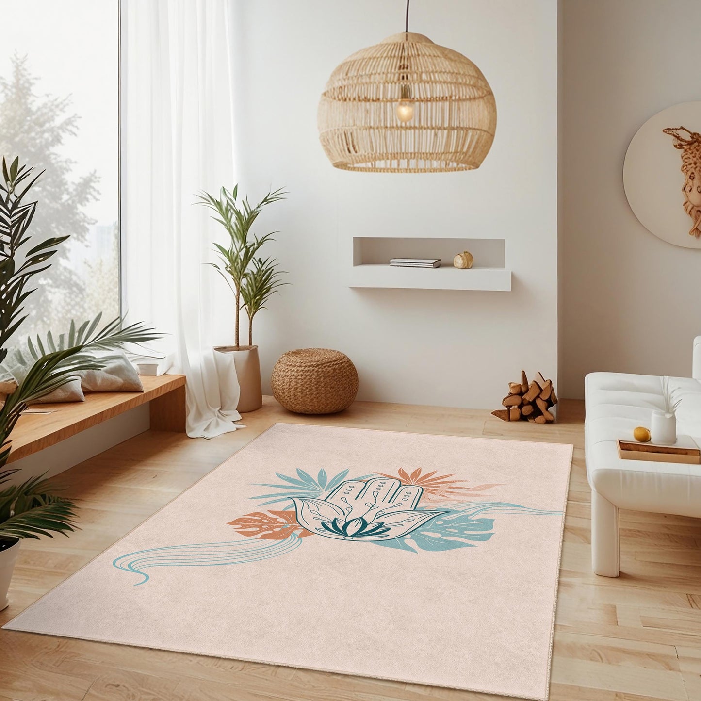 Rechteckiger Teppich mit böhmischem Hand- und Blättermuster, dekorativer Wohnzimmerteppich, einzigartiger Teppich, florales Design, Wohnaccessoire