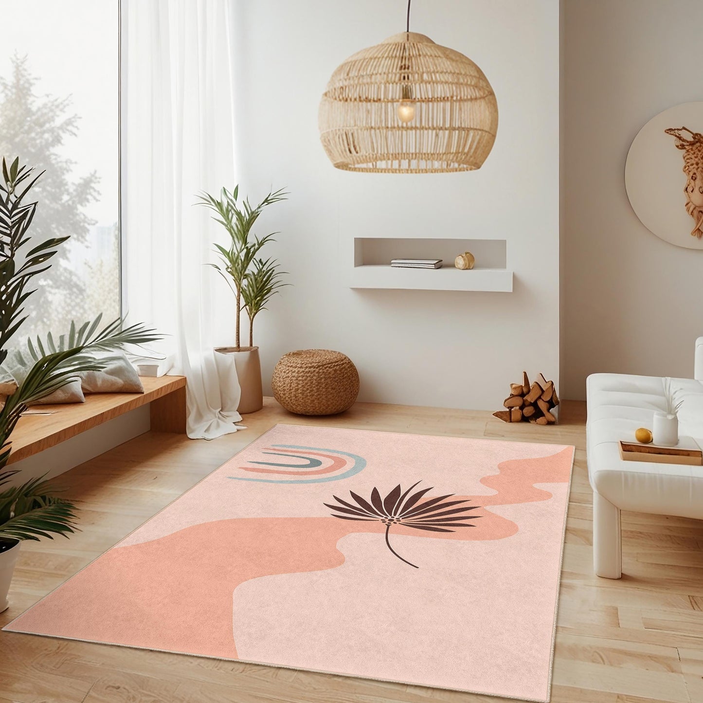 Rechteckiger Teppich mit abstraktem Blattmuster, moderner Wohnzimmerteppich, Boho-Chic-Einrichtung, stilvolle Fußmatte